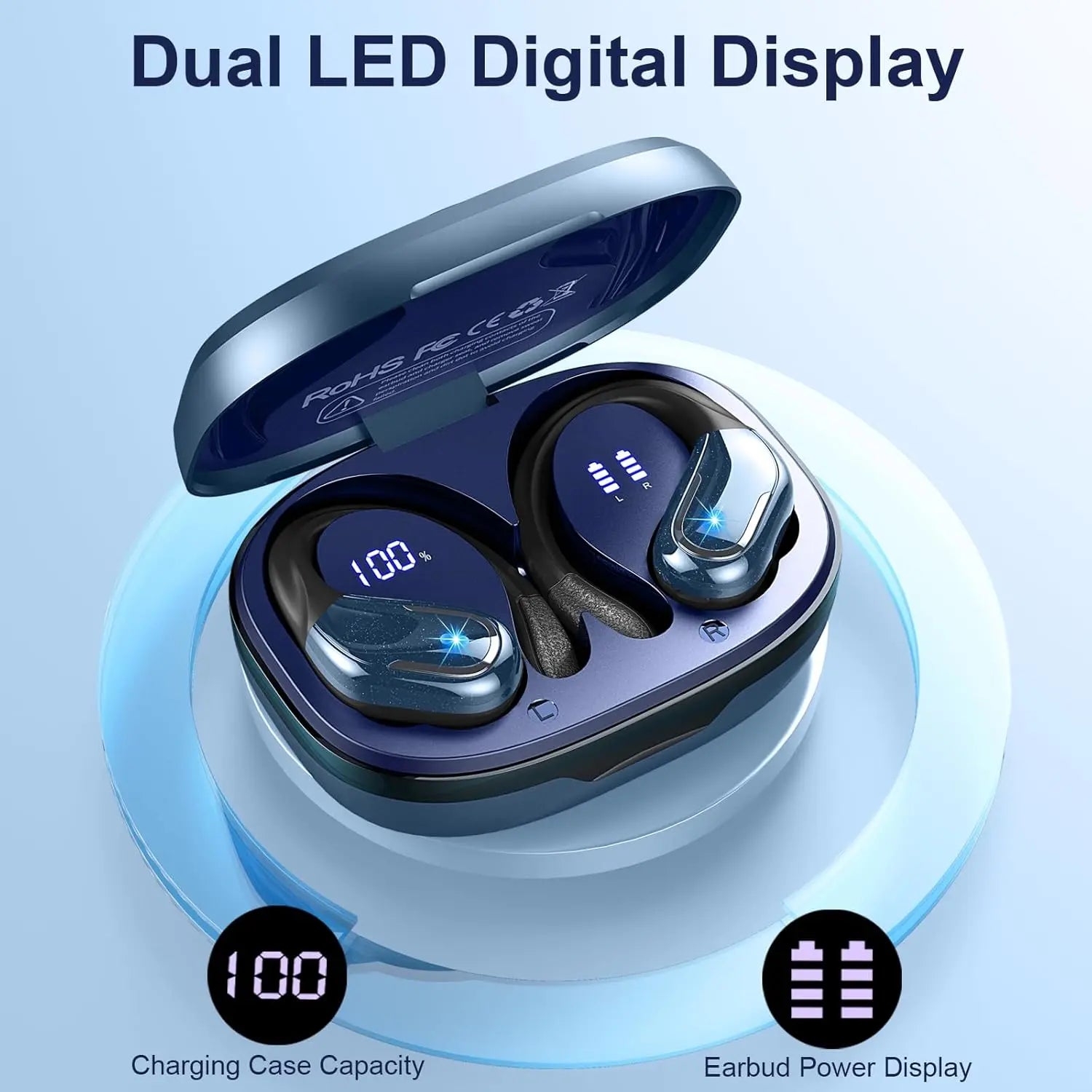 Wireless Earbuds, Bluetooth 5.3 Headphones with 4 ENC Noise Cancelling Mic, 75H Wireless Headphones In Ear Stereo Sound Deep Bass, 2024 Bluetooth Earphones IP7 Waterproof LED Display for Running, Blue