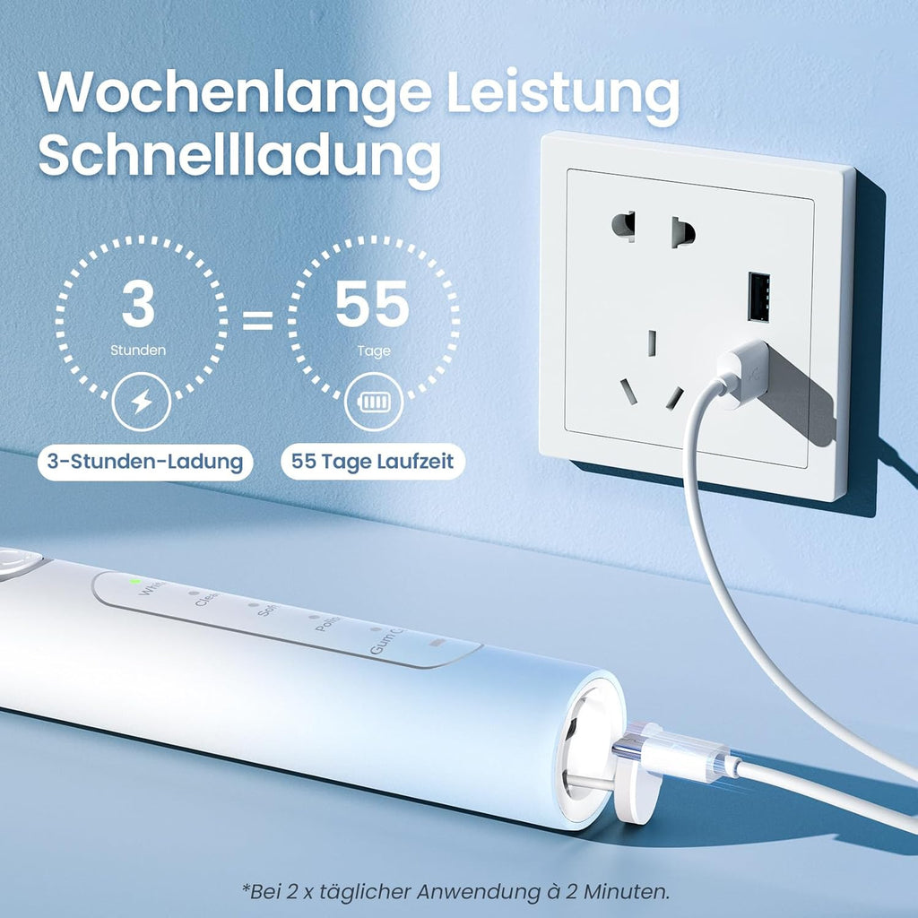 YUNCHI C2 Electric Toothbrush with 40000 VPM, Sonic Toothbrush for Adults and Children, USB-C Charge, 30 Days Battery Life, 5 Cleaning Modes, 2 Minute Timer, 8 Brush Heads, Travel Case, Light Blue and