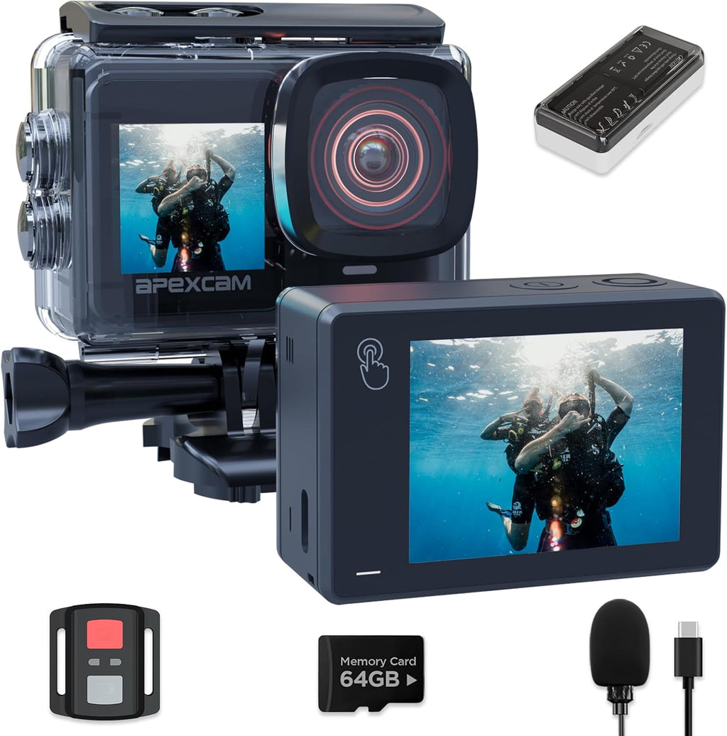 Apexcam X80Pro Double Screen Action Cam 4K60FPS 48MP Ultra HD WiFi Sports Camera Underwater Camera 40 m Waterproof 170° Wide Angle 2.4G Remote Control 2 x 1350 mAh Batteries