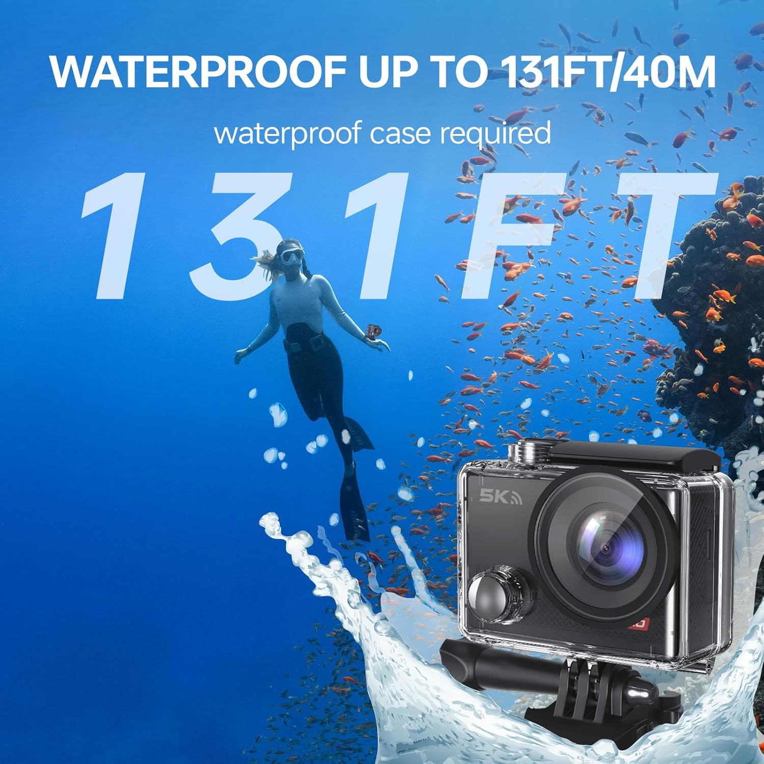 Hiicam Speed 10 Action Cam, 5K30FPS 30MP Action Cam 40M Underwater Camera Waterproof WiFi 170° Ultra Wide Angle Ice Action Cameras Zoom 5X with Remote Control and 2x 1350mAh Batteries 64GB Memory Card