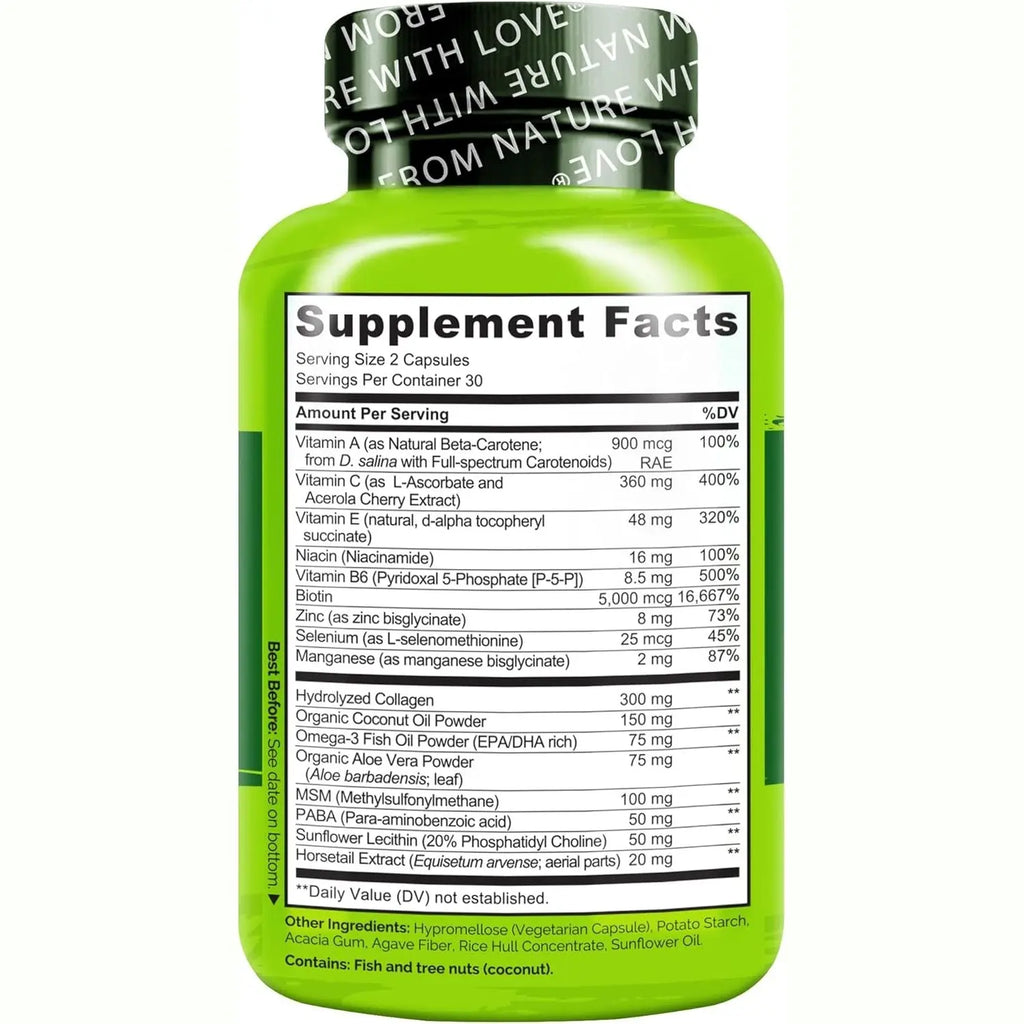 NATURELO Hair, Skin and Nails Vitamins - 5000 mcg Biotin, Collagen, Natural Vitamin E - Supplement for Healthy Skin, Hair Growth for Women and Men – 60 Capsules