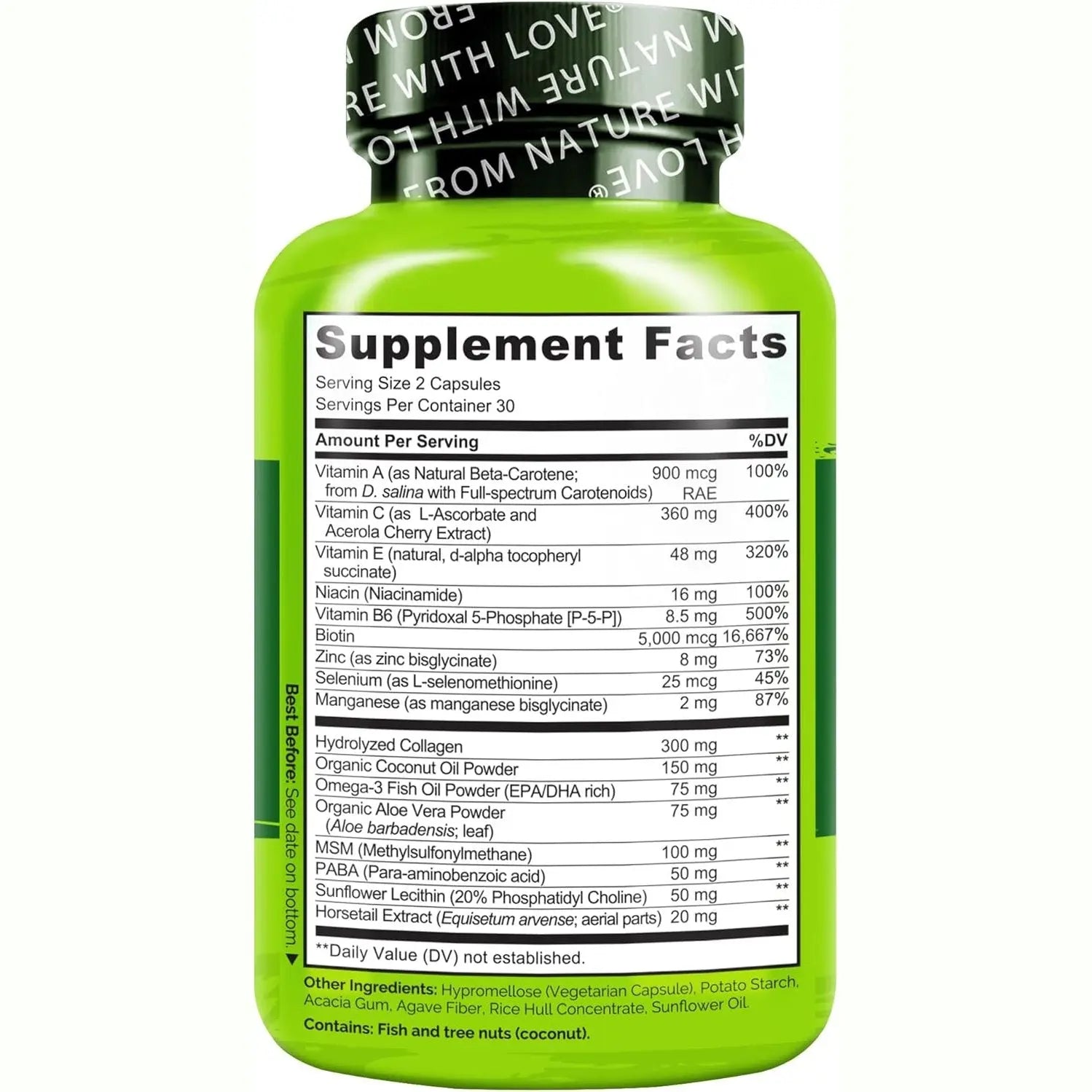 NATURELO Hair, Skin and Nails Vitamins - 5000 mcg Biotin, Collagen, Natural Vitamin E - Supplement for Healthy Skin, Hair Growth for Women and Men – 60 Capsules