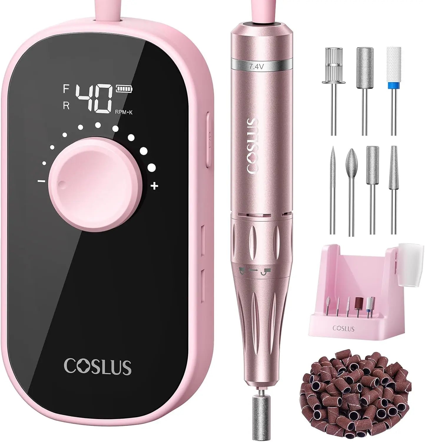 Complete COSLUS light pink nail drill kit with base unit bits and sanding bands