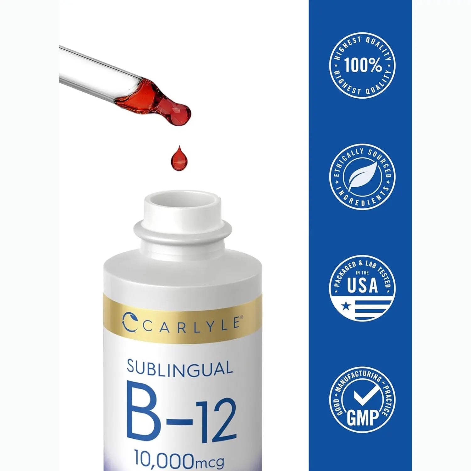 Carlyle Vitamin B12 Sublingual Liquid Drops | 10,000mcg | 2 fl oz | Vegetarian, Non-GMO, Gluten Free