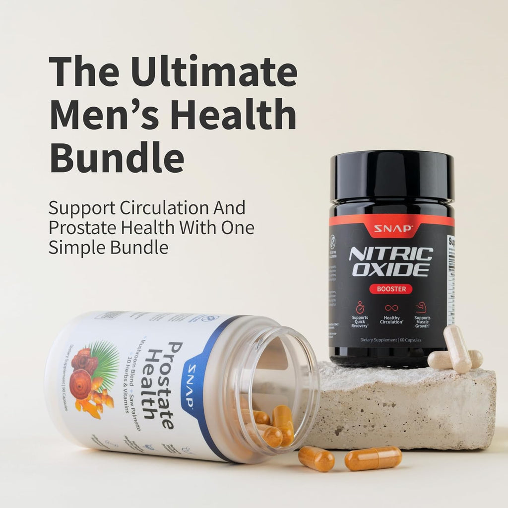 Men's health bundle featuring Snap Nitric Oxide Booster and Prostate Health capsules spilling out