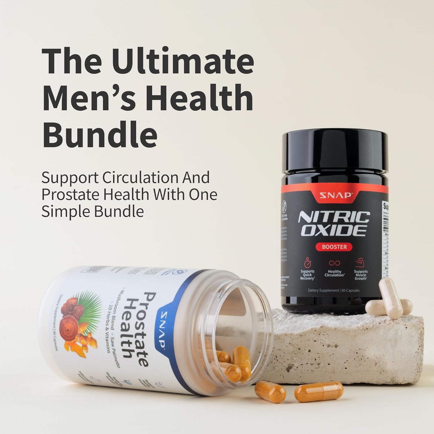 Men's health bundle featuring Snap Nitric Oxide Booster and Prostate Health capsules spilling out