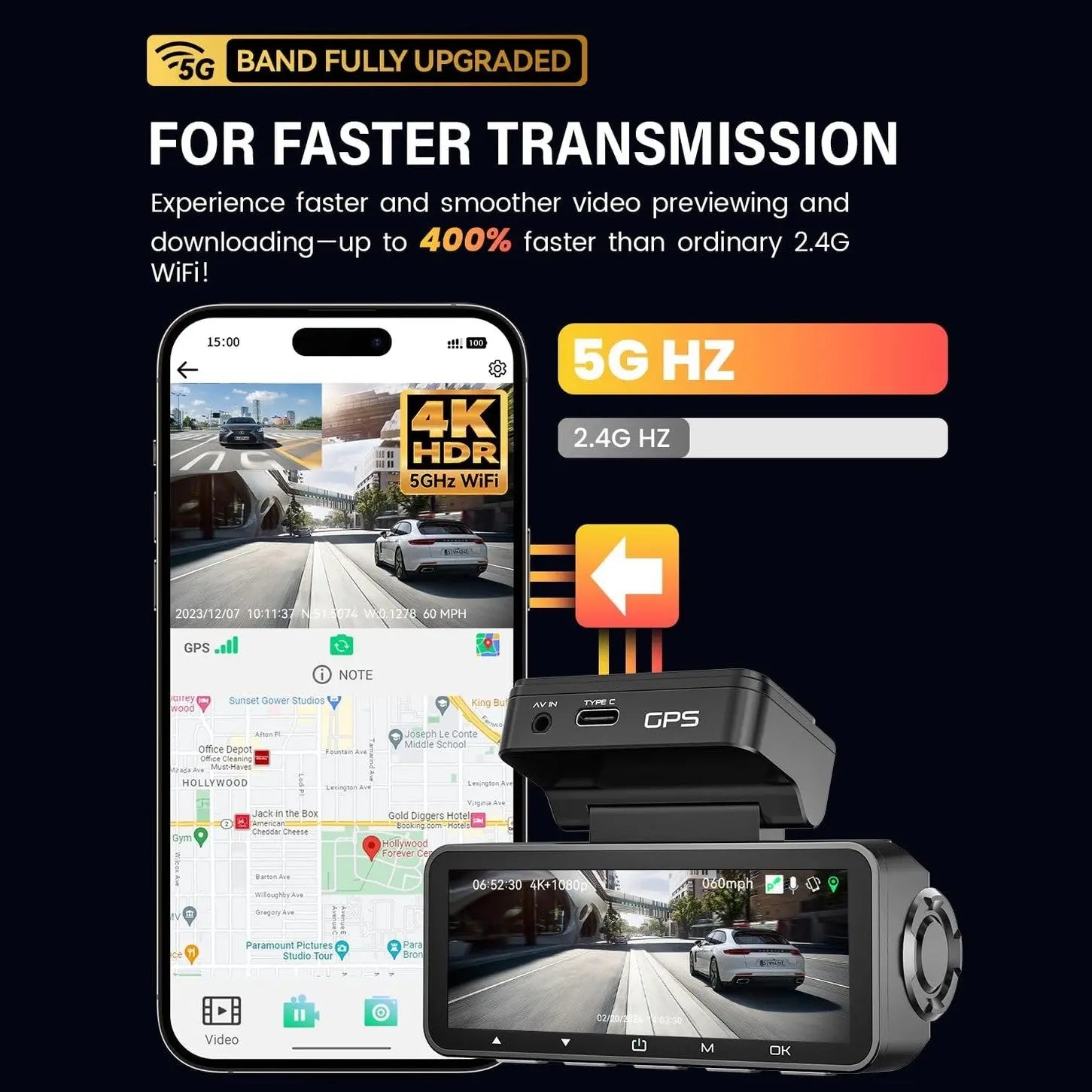 Dash Cam Front Rear 4K Built-in GPS 5GHz WiFi, 3.39’’ IPS Screen, Voice Control, Dual Dash Camera for Cars Free 64GB SD Card, Super Night Vision, 24H Parking Monitor, Supercapacitor, Type C, (3.39)
