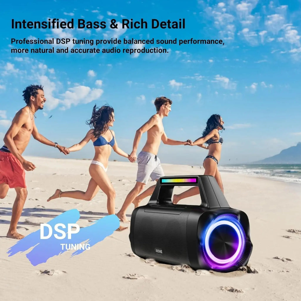 AKONE black portable speaker with DSP tuning and LED lights on sandy beach