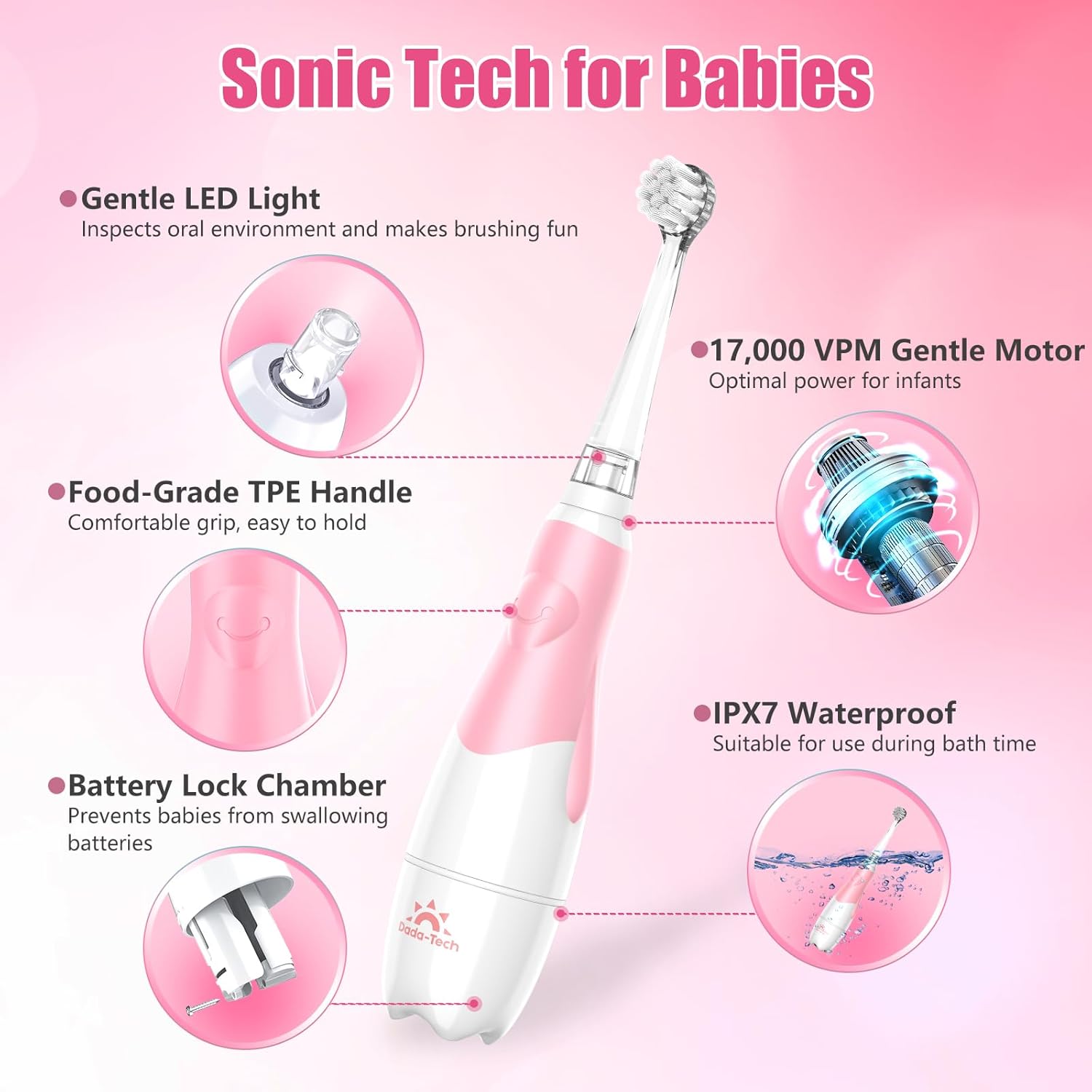 Electric Toothbrush Children's Baby Toothbrush Children's Toothbrush Electric from 1 2 3 Years with LED Light Integrated Timer 90% Rounded Bristles Baby Toothbrush for Toddlers from 6 Months (Pink