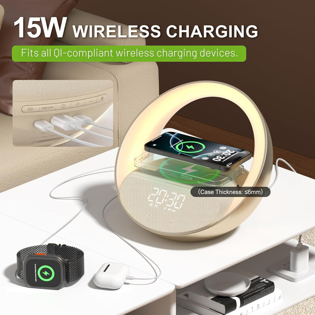 FUNFOR Bluetooth Speaker with Wireless Charger, Sunrise Simulation Wake Up Night Light, 18W Fast Wireless Charging for Bedroom, Adjustable LED RGB Mode 12/24H Sleep Aid Snooze (Gold)