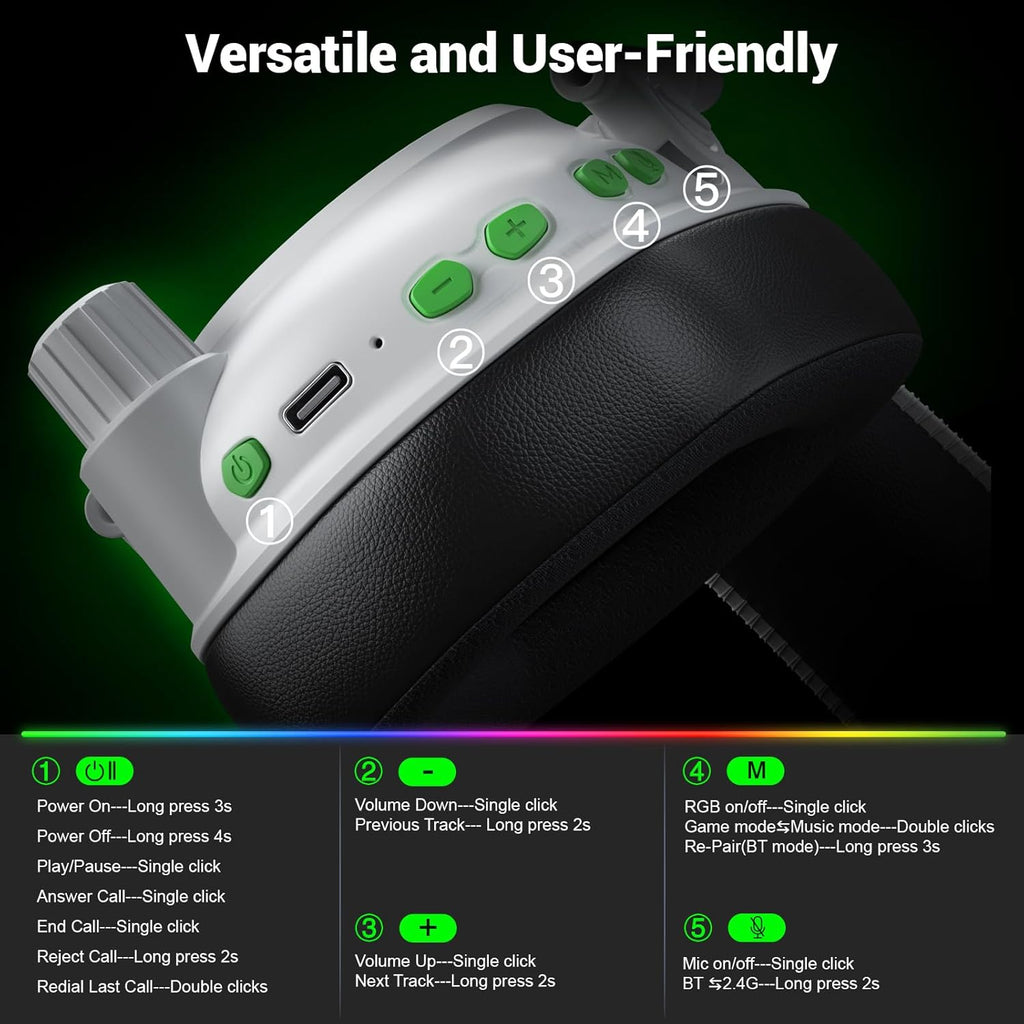 Krysenix Wireless Gaming Headset with Noise Canceling Microphone for PC, PS5, PS4, Switch, Mac, 2.4 GHz Wireless & Bluetooth 5.4 Gaming Headphones, Cool RGB Lighting, 40Hr Battery, 50mm Drivers-White