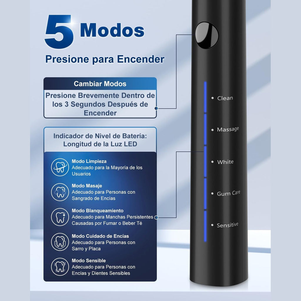 Electric Toothbrush, Sonic Toothbrush, Electric Toothbrush 45000VPM, Whitening Teeth in 1 Week, 120 Days Battery Life, Battery Level Indicator, 6 Dupont Brush Heads, 5 Modes, Timer, Black