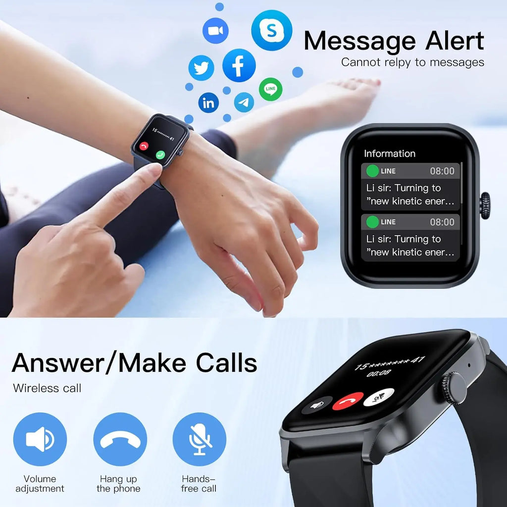 Black smartwatch on wrist demonstrating call answering and messaging alerts