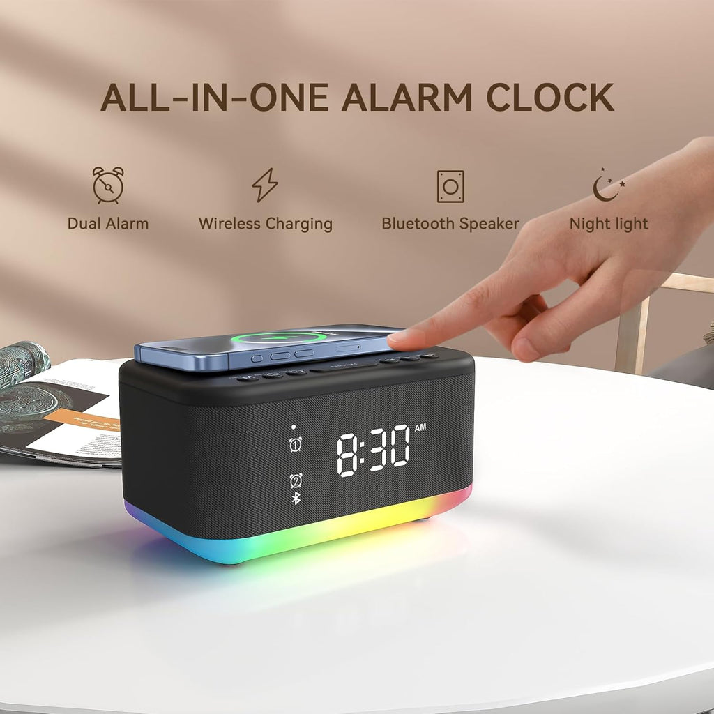 Wireless Charging Alarm Clock Bedroom, Loud Digital Alarm Clocks Bedrooms, Alarm Clock Night Light Speaker 8W Snooze Dual Alarm 12/24H Adjustable Brightness Dimmer Bluetooth, Black