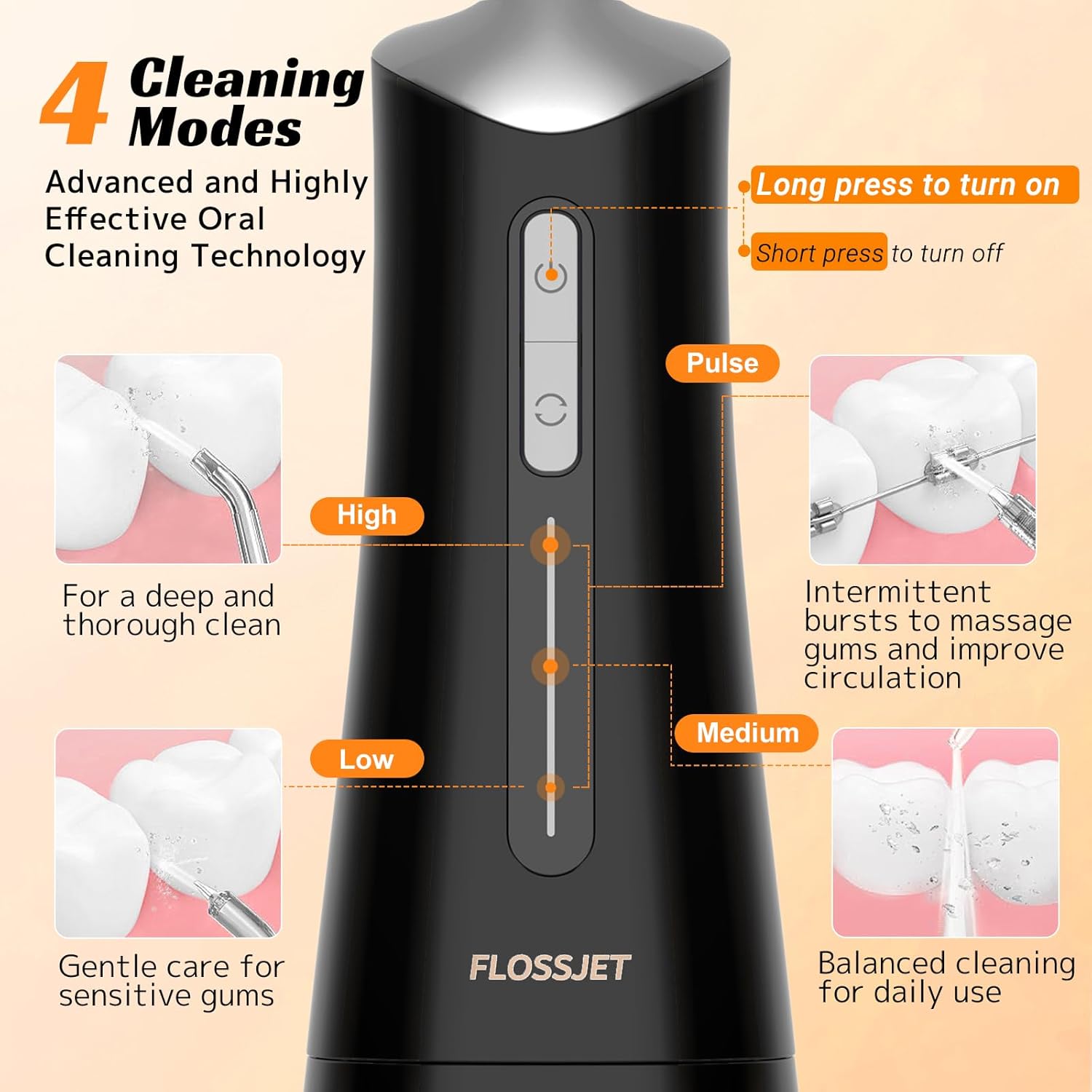 FlossJet Water Dental Flosser for Teeth Cordless with 300ML 4 Cleaning Modes 5 Jet Tips Portable Oral Irrigator USB-Powered Electric Flosser IPX7 Waterproof Irrigator Dental for Home and Travel Black