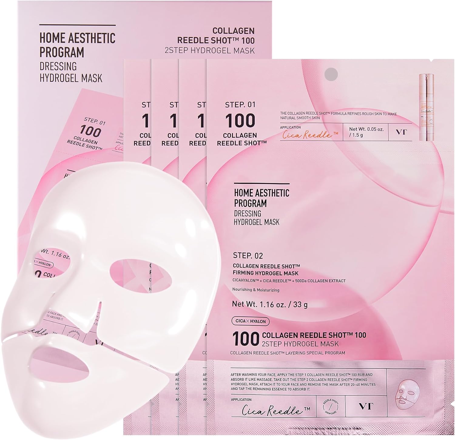 VT COSMETICS Collagen Reedle Shot 100 2-Step Hydrogel Mask(34.5gx4ea) | Intensive Firming, Exosome 500Da Collagen, Fine Lines, Overnight Melting Mask, Korean Facial Mask