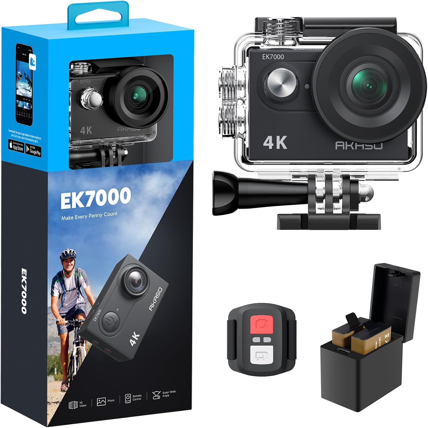 AKASO EK7000 4K30FPS 20MP WiFi Action Camera with EIS Ultra HD Underwater Camera 131FT Waterproof Camera Remote Control 4X Zoom Support External Microphone Black