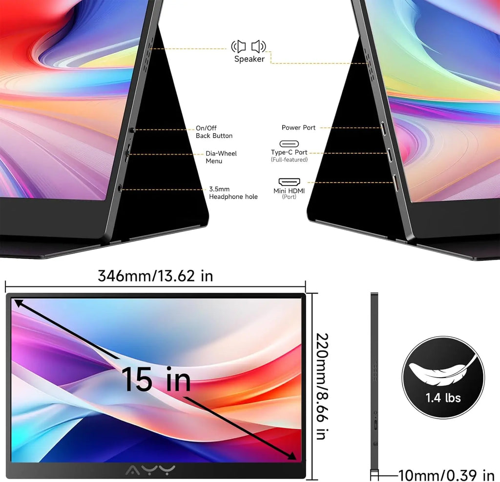 AYY Portable Monitor for Laptop 15 Inch,FHD 1080P USB C Travel Monitor External IPS HDMI for Computer, Second Display Screen Extender with Kickstand for PC Phone Switch PS4/5