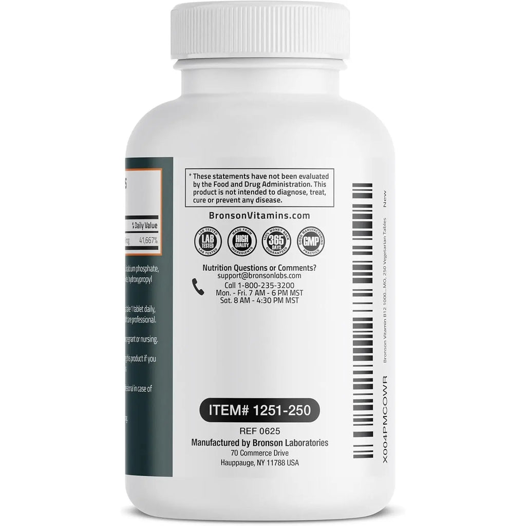 Bronson Vitamin B12 1000mcg Once Daily Formula Non-GMO, 250 Vegetarian Tablets