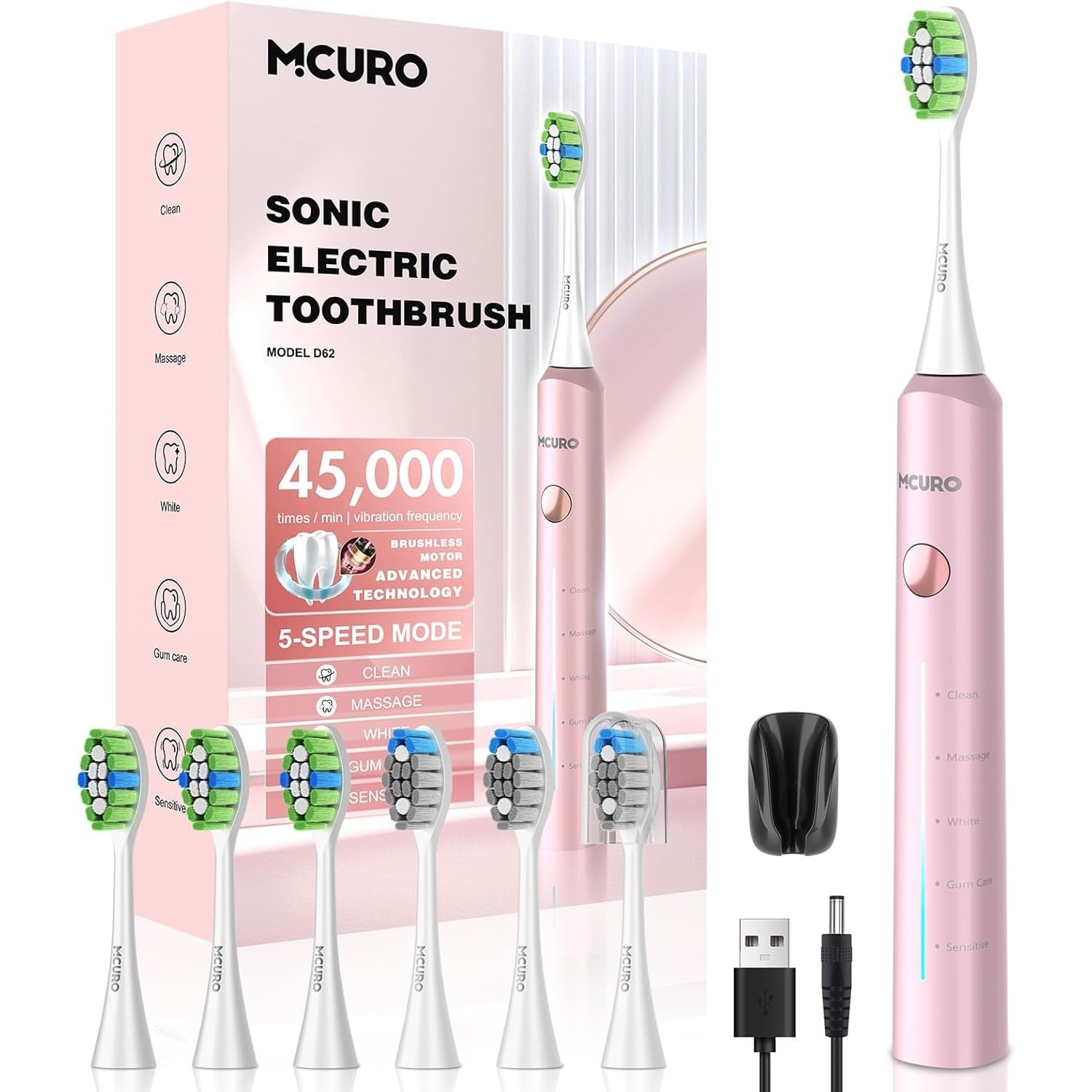 Electric Toothbrush, Sonic Toothbrush, Highly Effective Cleaning, 45000VPM, 6 DuPont Brush Heads, 120 Days Battery Life, Battery Level Indicator, 5 Modes, Timer, IPX7, Hangable, Pink