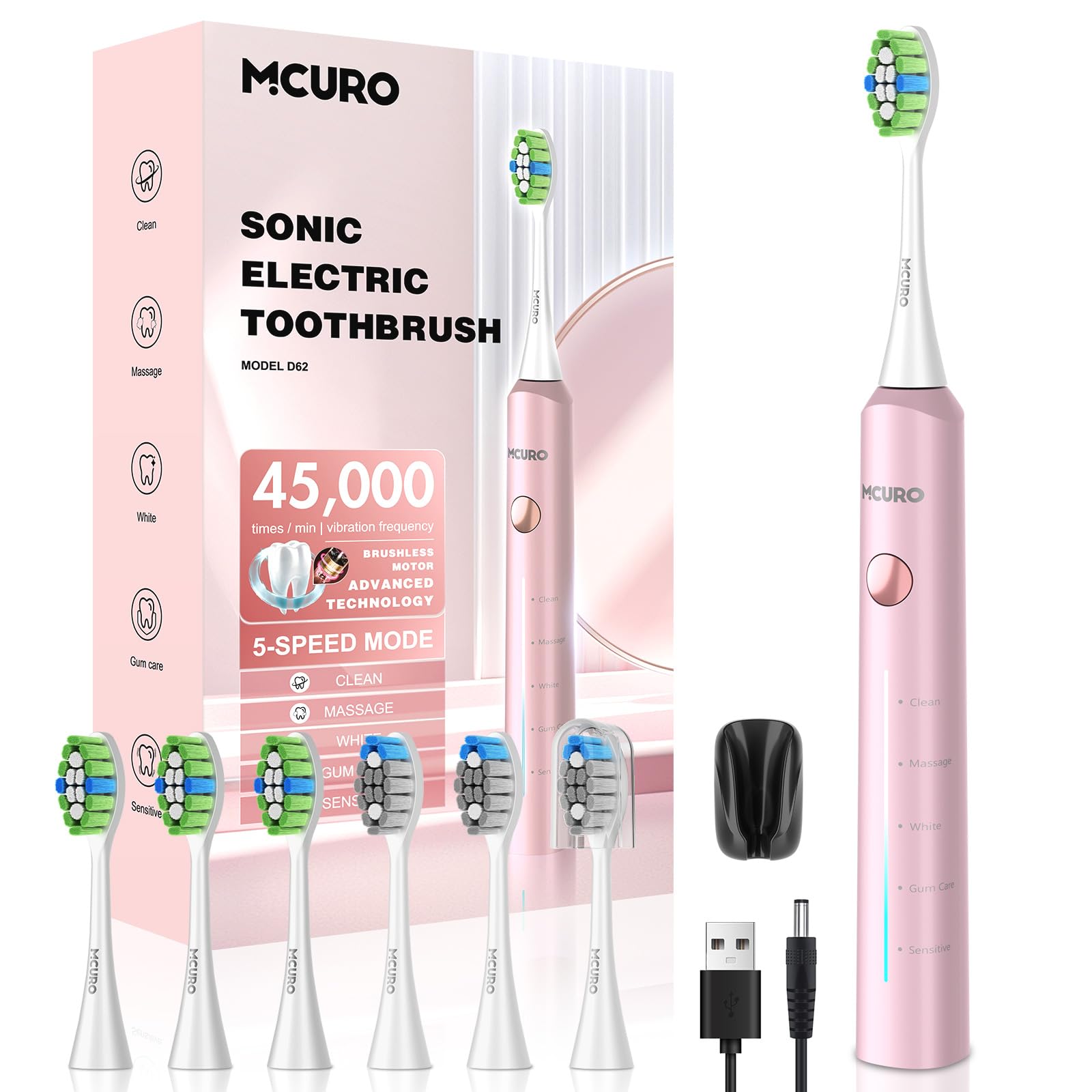 Electric Toothbrush, Sonic Toothbrush, Electric Toothbrush 45000VPM, Whitening Teeth in 1 Week, 120 Days Battery Life, Battery Level Indicator, 6 Dupont Brush Heads, 5 Modes, Timer, Black