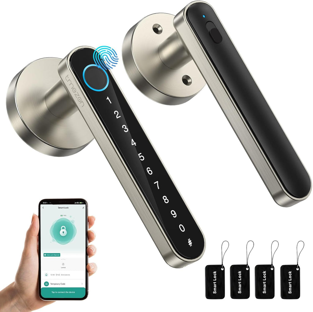 Smart Fingerprint Door Lock Knob - TMZON Keyless Entry Door Lock with Handle 5 in 1 with APP/IC Cards/Codes/Keys/Fingerprints Biometric Electronic Keyless Entry Lock for Bedroom Home Hotel Office