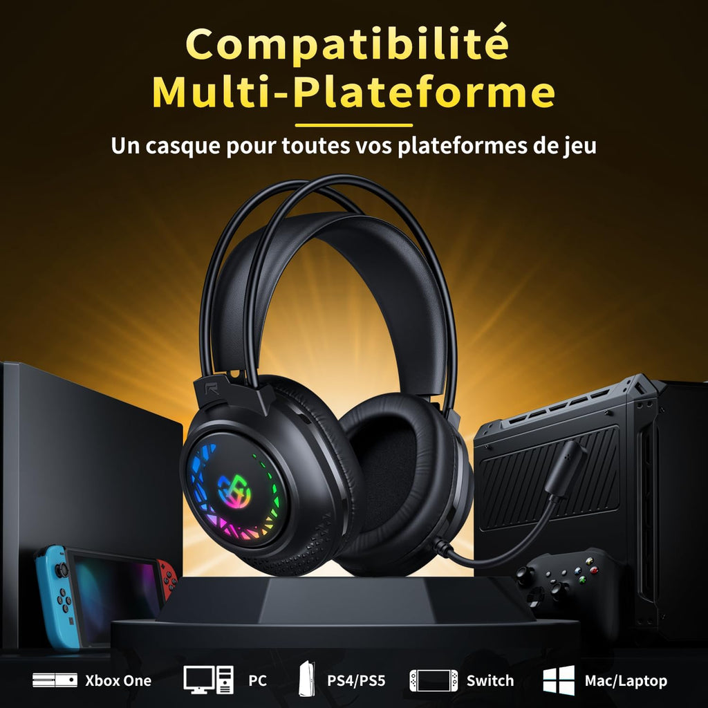 Tatybo Gaming Headset for Ps5 Ps4 Xbox Series X/S, Wired Gaming Headphones for Switch Xbox One PC Stereo Surround Sound Noise Cancelling Mic LED Lights