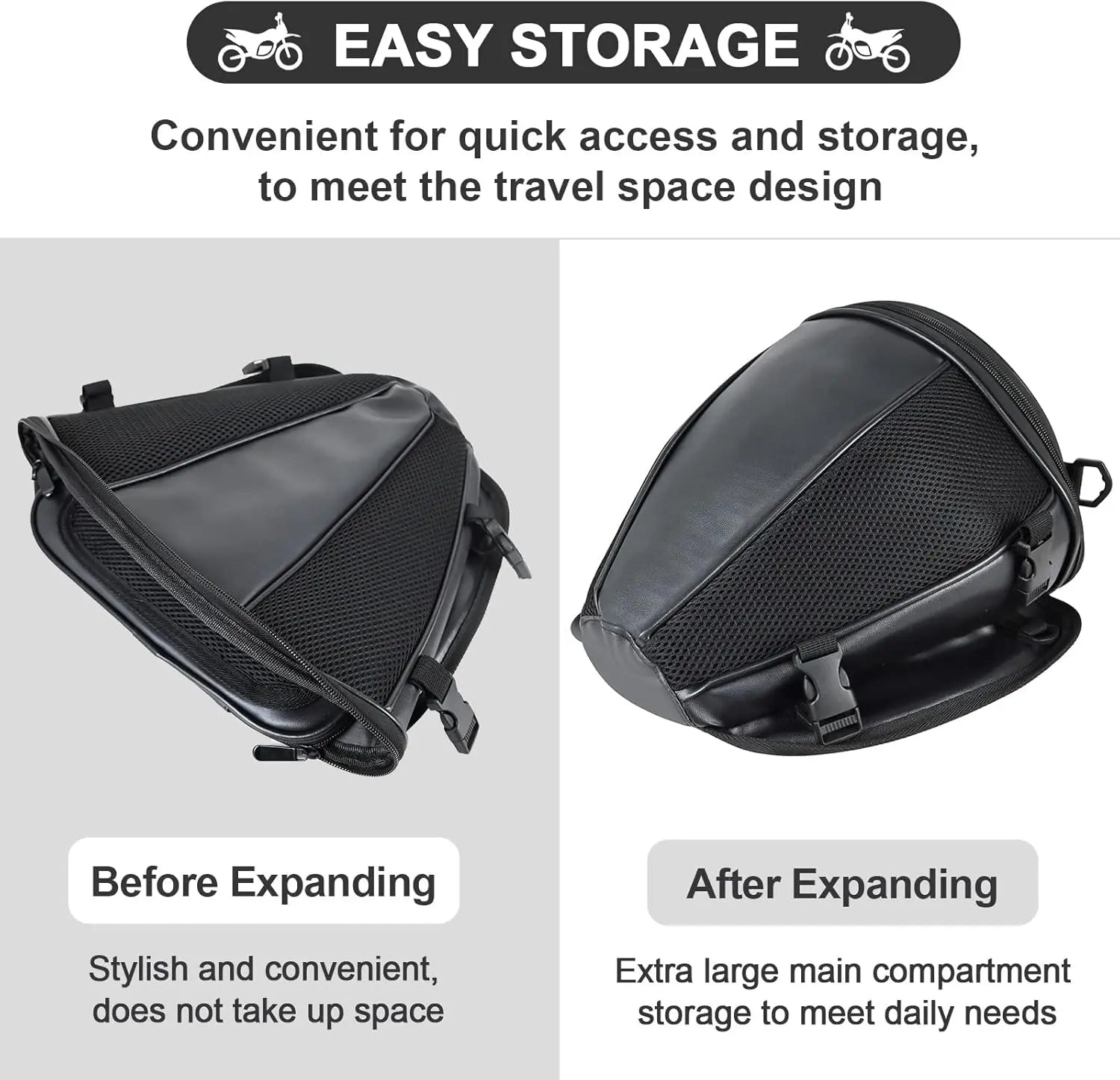 Leather Motorcycle Backseat Tail Bags, Waterproof PU Super Light Tank Bag, Multifunctional Motorbike Rear Seat Storage Saddle Bag Black
