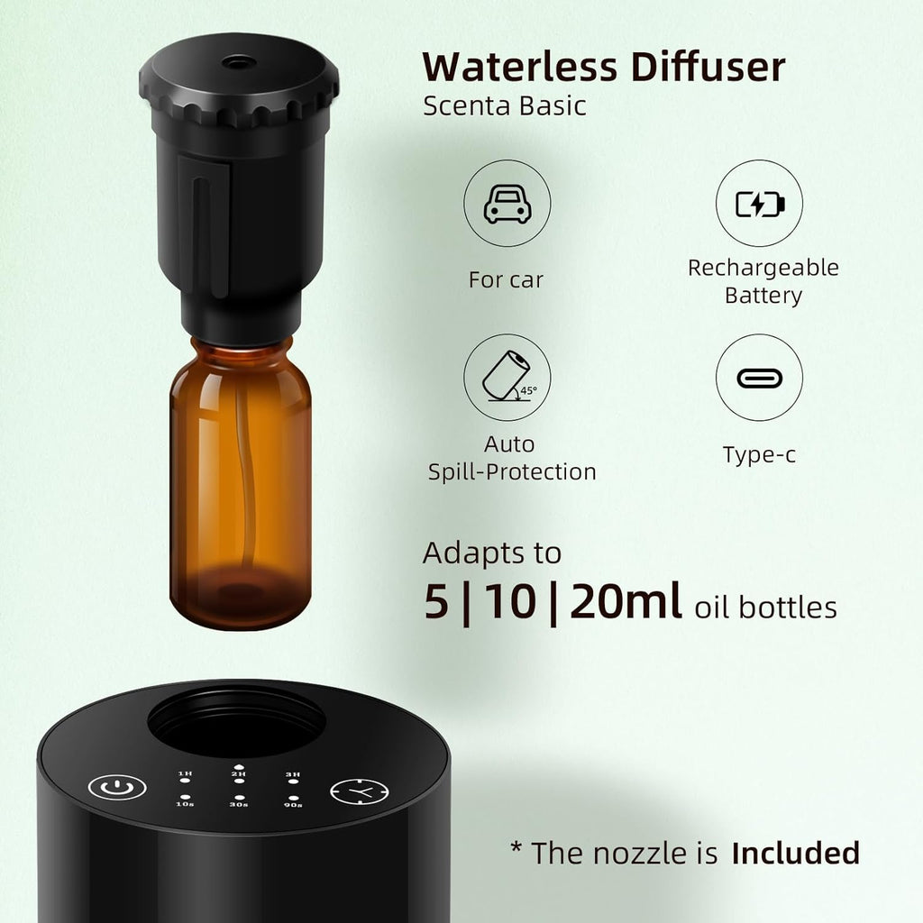 Wasserloser Diffusor, Aromatherapie Zerstäubungsdiffusor, 10/30/90s Sprüheinstellung, Timer & Ätherisches Öl Diffusor Batteriebetrieben Hält 10 h, Super Leise und dichter Nebel für Auto,Raum,Büro