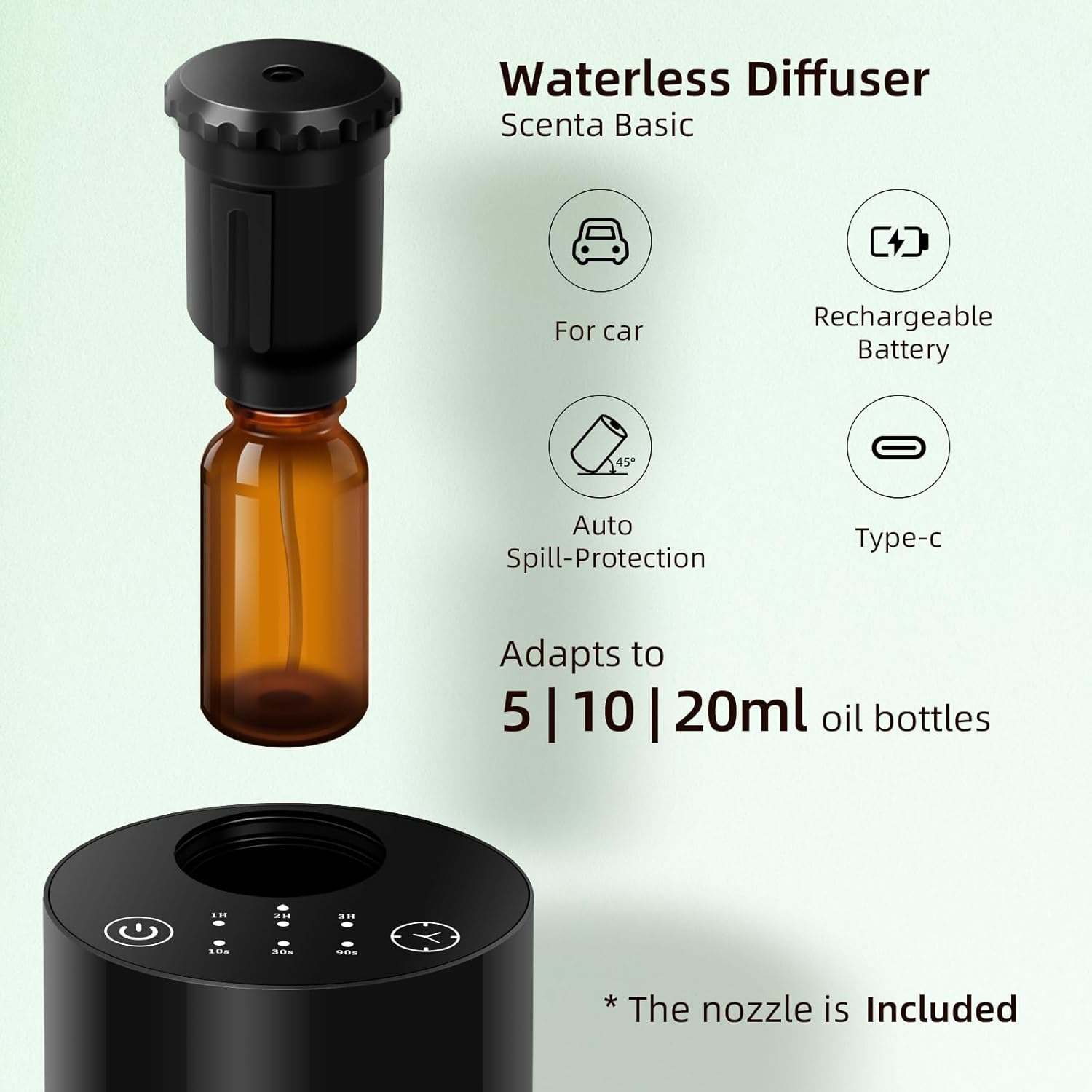 Wasserloser Diffusor, Aromatherapie Zerstäubungsdiffusor, 10/30/90s Sprüheinstellung, Timer & Ätherisches Öl Diffusor Batteriebetrieben Hält 10 h, Super Leise und dichter Nebel für Auto,Raum,Büro