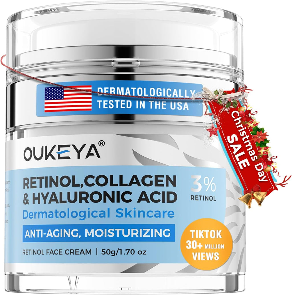 OUKEYA Retinol Cream for Face 3% Retinol Day & Night Cream, 5% Hyaluronic Acid & 5% Niacinamide, Anti Aging Moisturiser For Face & Neck, Hydrating, Firming, Non-Greasy, Fast Absorbing, 50g