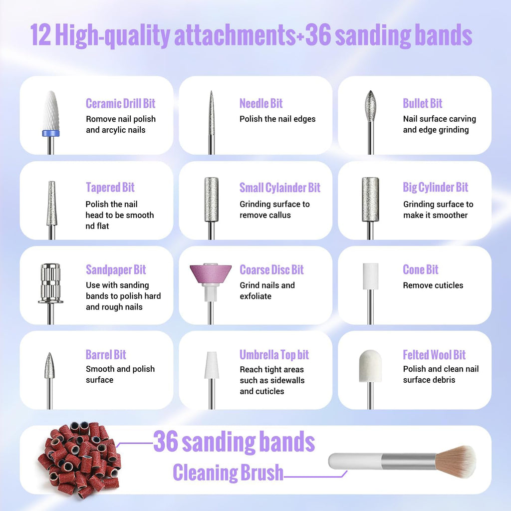 Denabuty Cordless Electric Nail Drill Machine, 13 in 1 Nail File Kit 35000RPM Professional Portable Rechargeable E File for Acrylic Polish Gel Removal Manicure Pedicure Set with 5 Speeds DN-2402