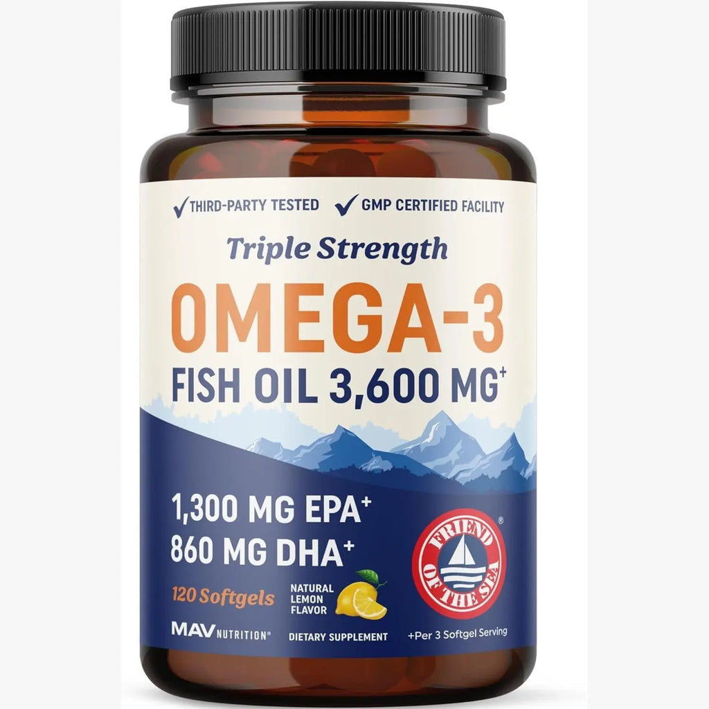 Triple Strength Omega 3 Fish Oil 3600 mg | EPA & DHA | Over 2100mg Omega-3 Fatty Acids | 1300mg EPA + 860mg DHA | Best Essential Fatty Acids | Premium Wild Caught & Burpless Fish Oil | 120 Ct