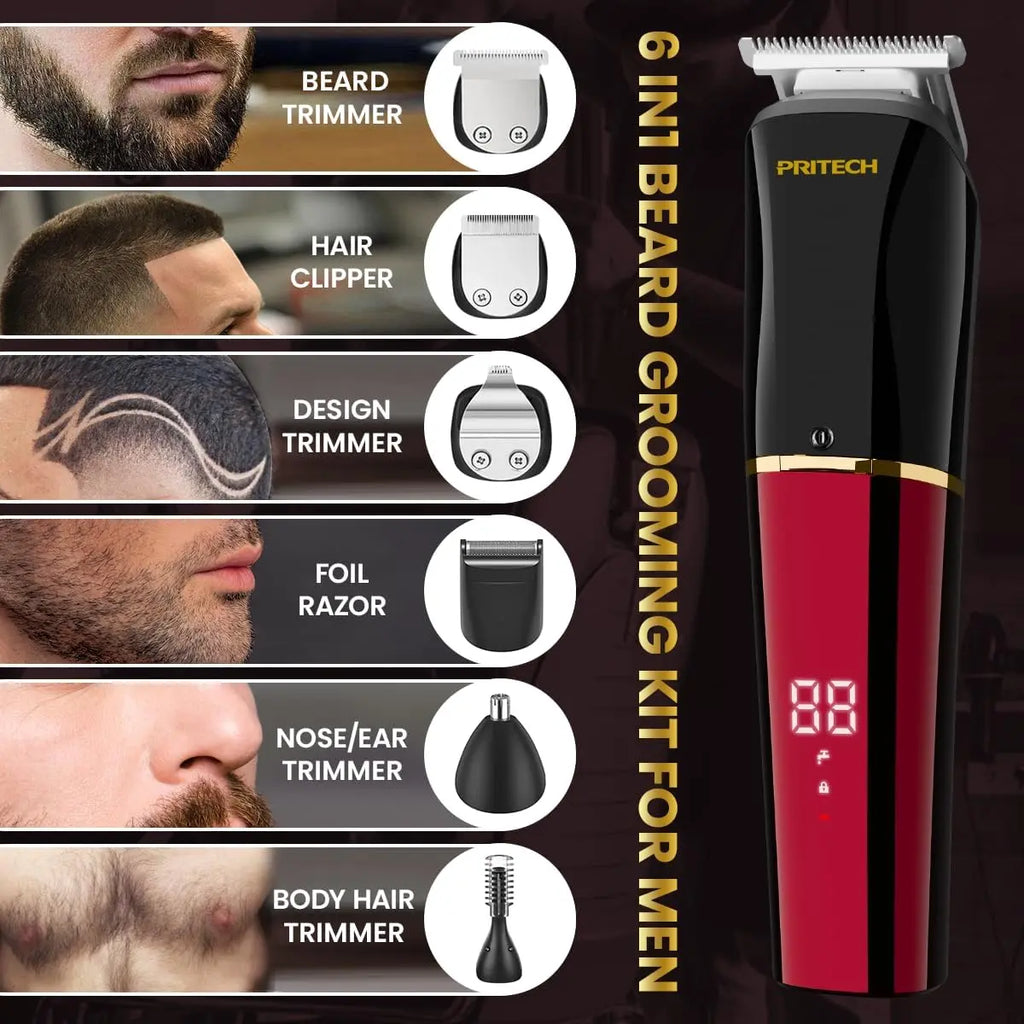 6 in 1 red PRITECH beard grooming kit with LED display and foil razor