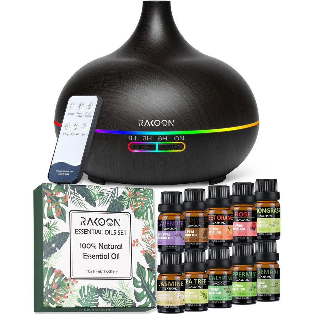 Rakoon Ultimate Essential Oil Diffusers & Essential Oil Set, Aromatherapy Diffuser for Home with Top 10 Essential Oils, 550ml Air Diffuser for Large Room, 4 Timer & 15 Ambient Light