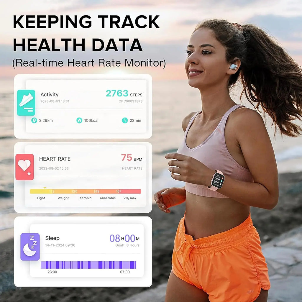 Woman jogging wearing pink fitness tracker with heart rate monitor