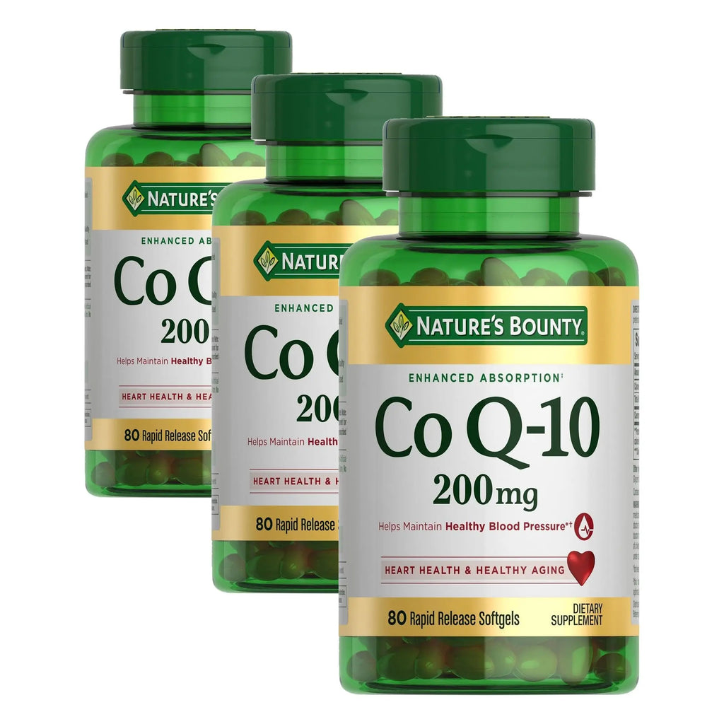 Three Nature's Bounty Co Q-10 200mg dietary supplement bottles display