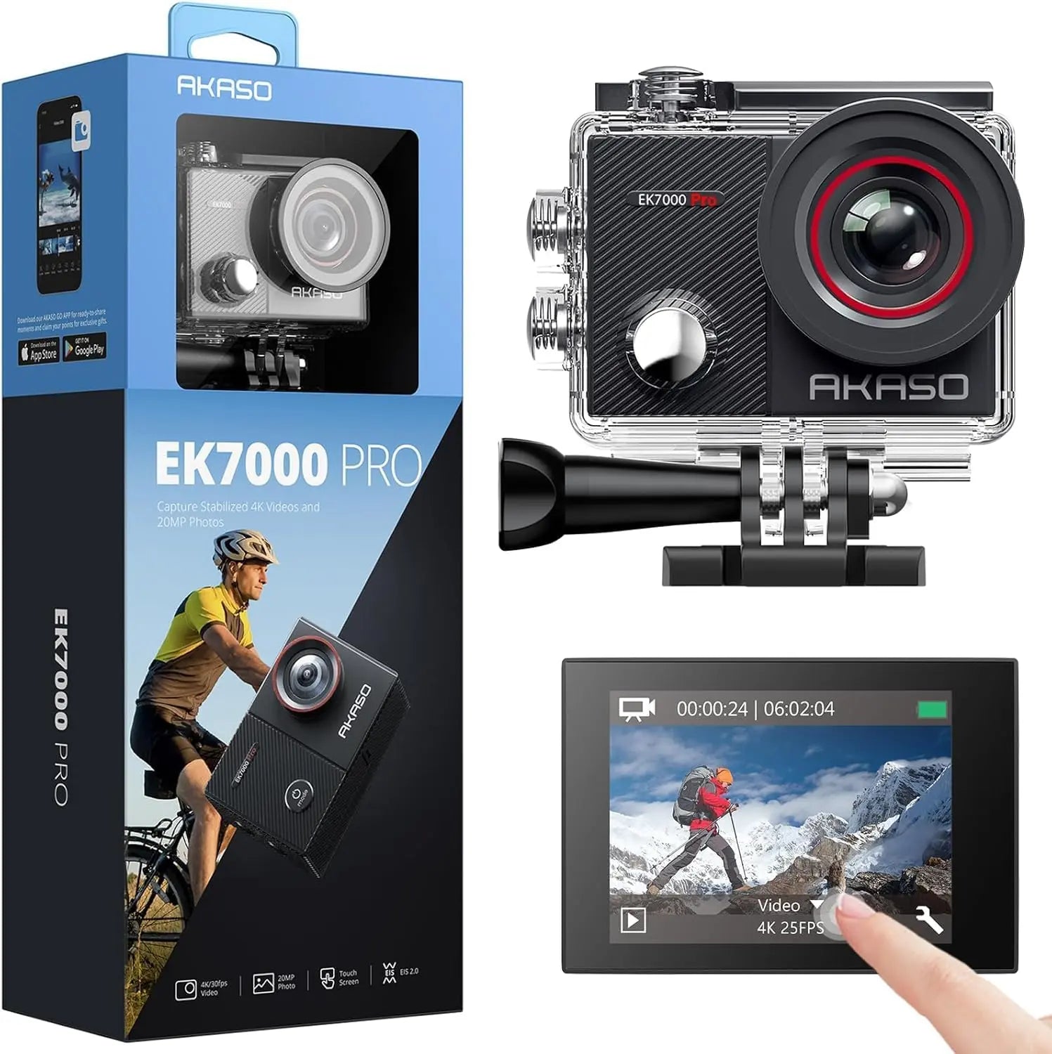 AKASO EK7000 Pro 4K Action Camera with Touch Screen EIS 131ft Waterproof Camera Remote Control Underwater Camera with Helmet Accessories Kit