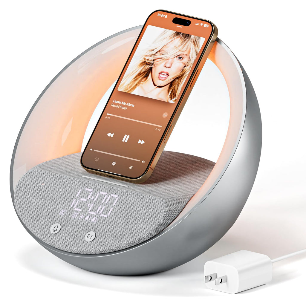 FUNFOR Bluetooth Speaker with Wireless Charger, Sunrise Simulation Wake Up Night Light, 18W Fast Wireless Charging for Bedroom, Adjustable LED RGB Mode 12/24H Sleep Aid Snooze (Gold)