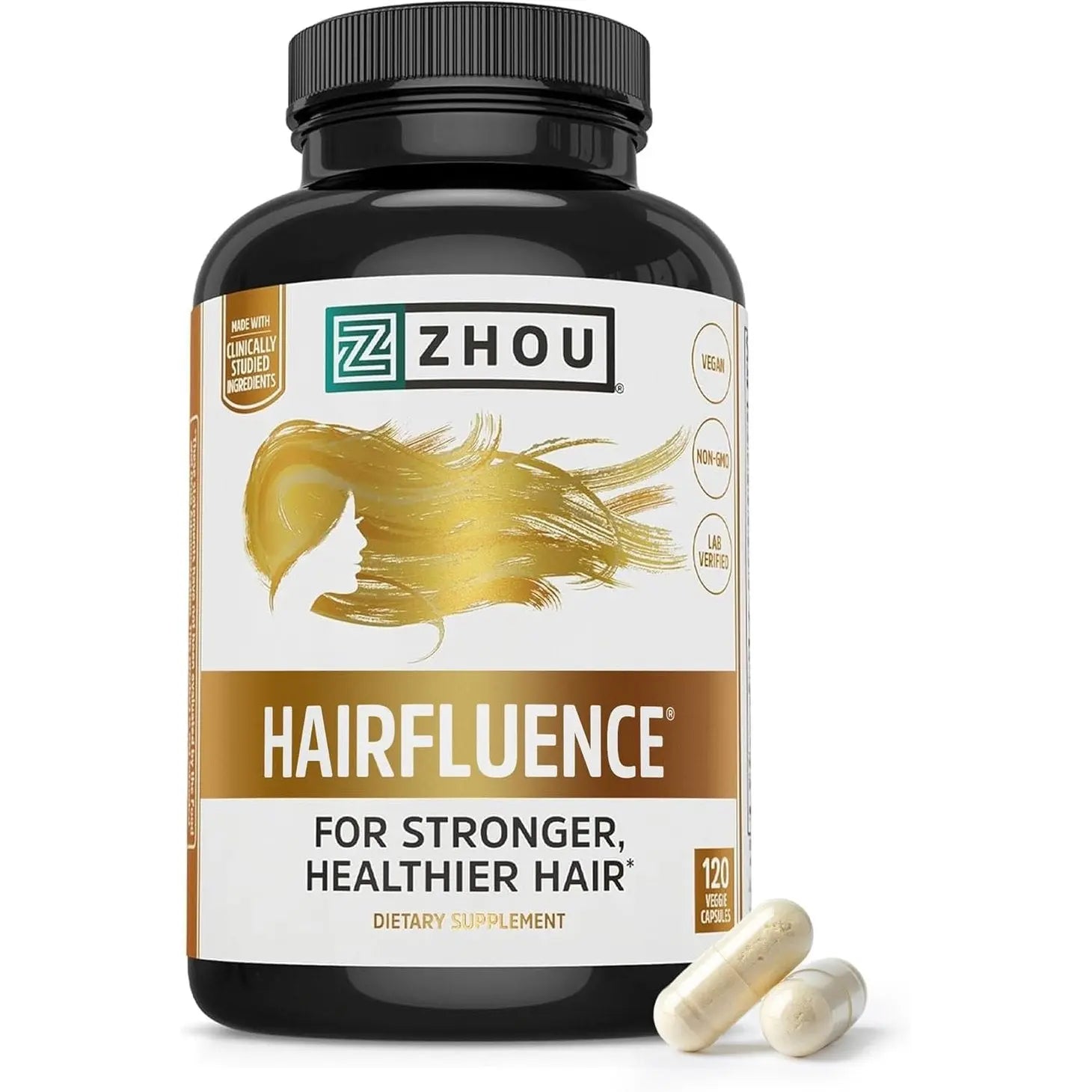 Zhou Hairfluence - Vegan Biotin Supplement for Hair Growth for Men & Women, Supports Stronger, Healthier Hair, Nails, & Glowing Skin with Lustriva & B Vitamin Complex - 120 Veggie Capsules (Pack of 1)