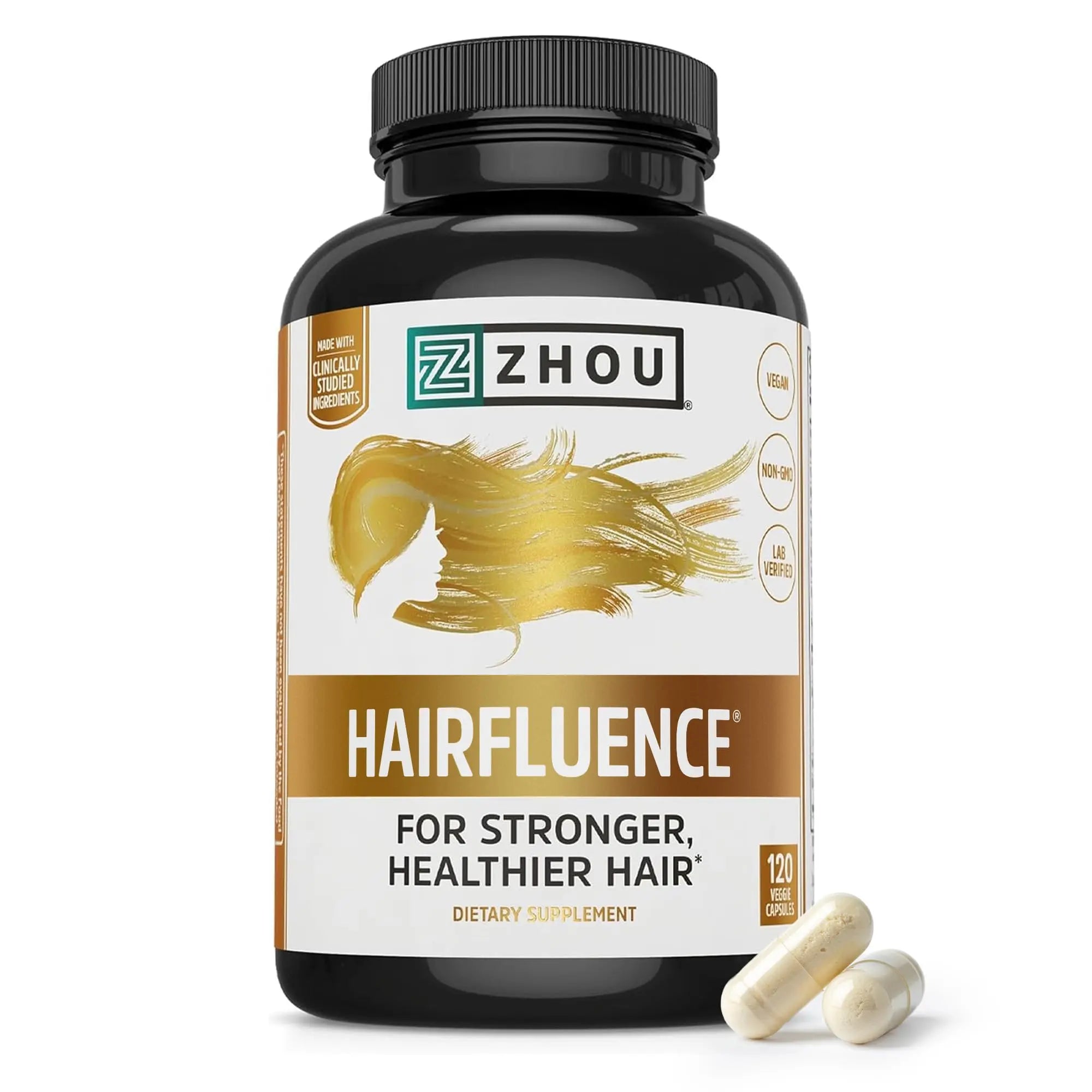 Zhou Hairfluence - Vegan Biotin Supplement for Hair Growth for Men & Women, Supports Stronger, Healthier Hair, Nails, & Glowing Skin with Lustriva & B Vitamin Complex - 60 Veggie Capsules (Pack of 1)