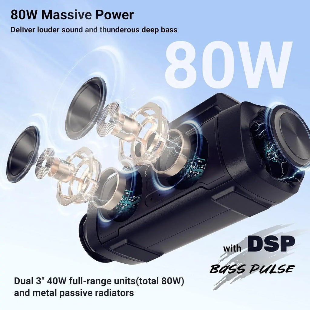 Exploded view of AKONE 80W speaker showing dual drivers and metal passive radiators