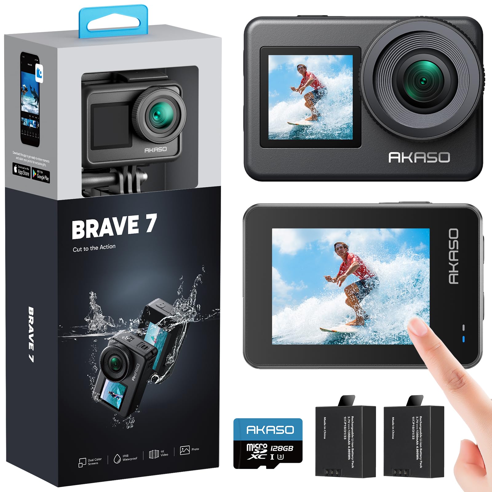 AKASO Brave 7 Action Cam 4K30FPS with 256GB U3 microSDXC Memory Card 20MP WiFi Underwater Camera IPX8 Waterproof Action Camera Ice 2.0 with Touch Screen, Zoom, Voice Control and 2 x 1350 mAh Batteries