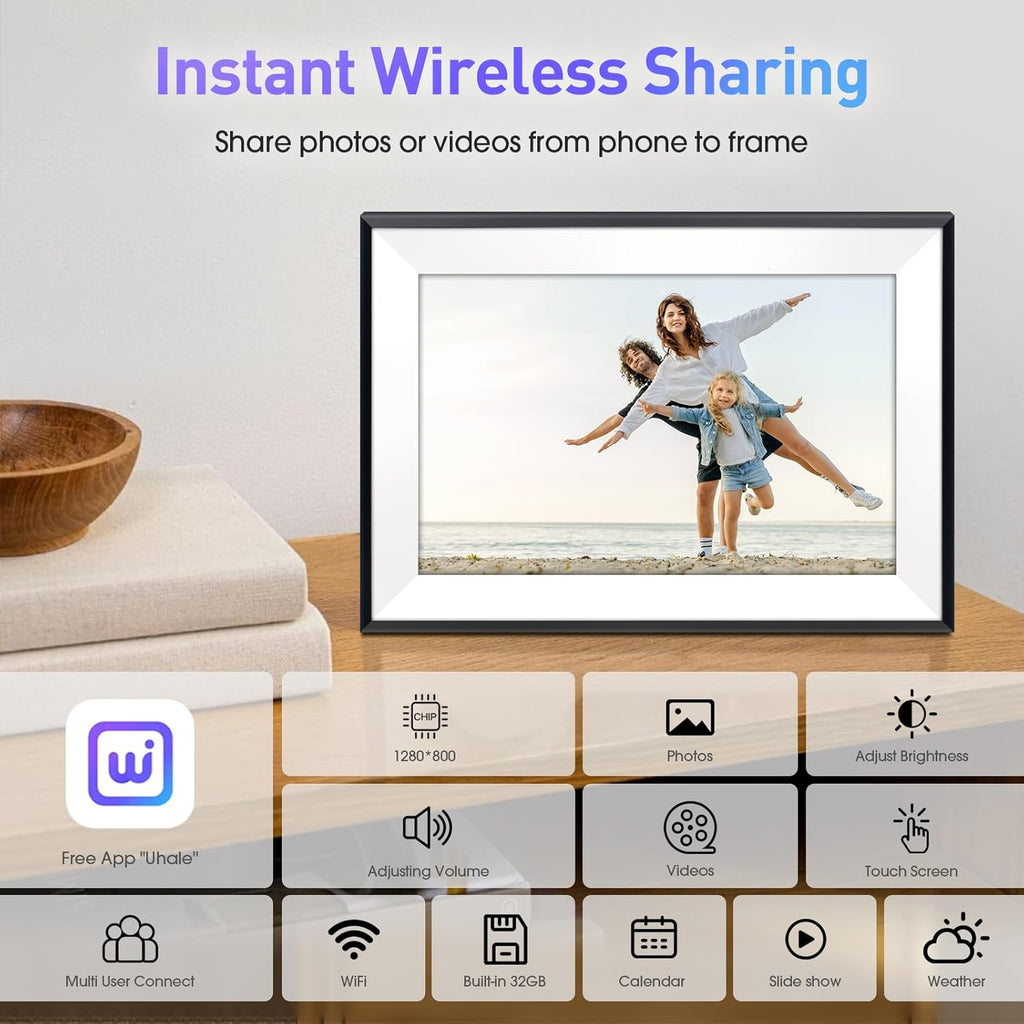 10.1" Digital Picture Frame,1280x800 HD IPS Touch Screen Photo Frame Electronic, 32GB Memory,Auto-Rotate, Wall Mounted, Easy Setup，Send Photos/Videos from Phone Instantly via Uhale App, White