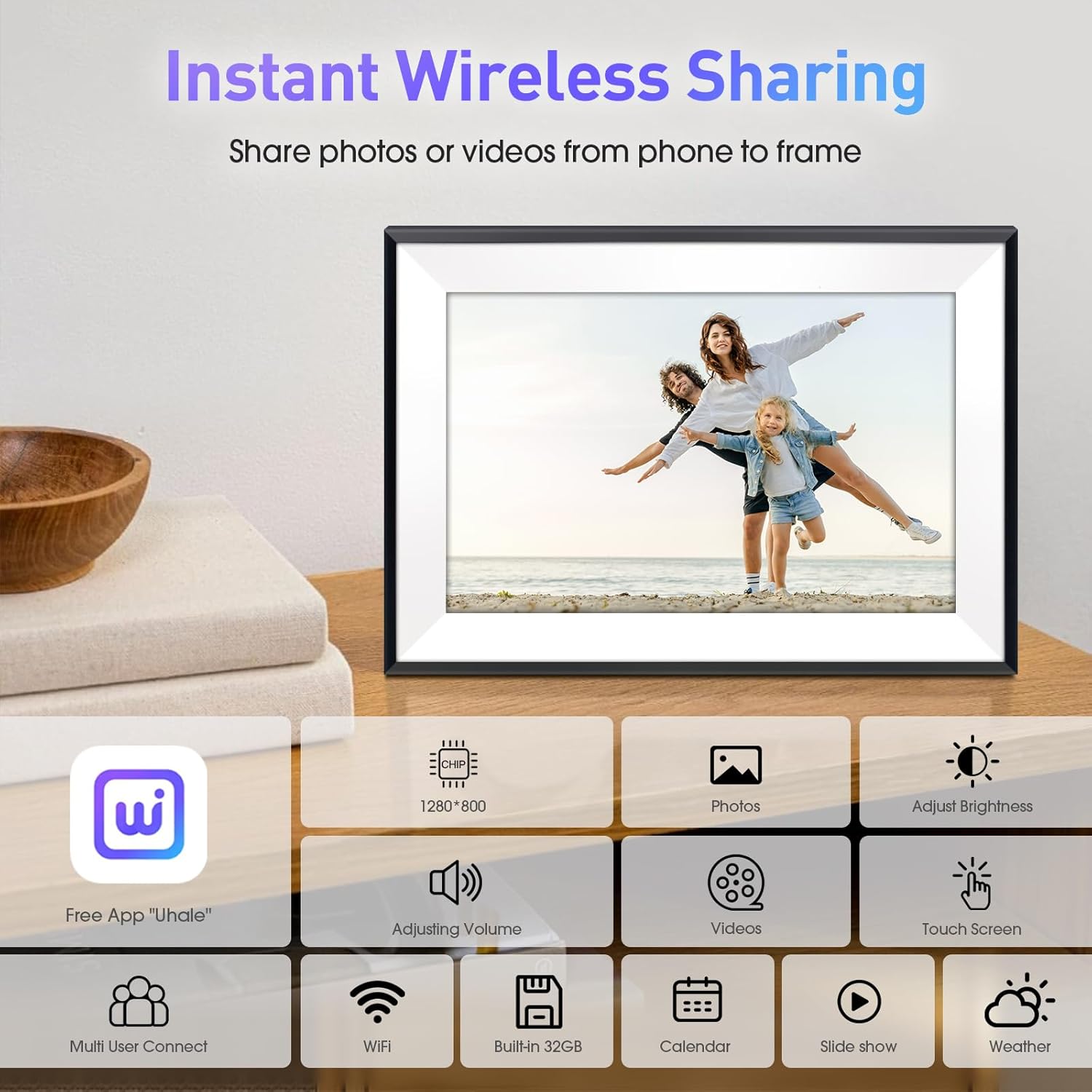 10.1" Digital Picture Frame,1280x800 HD IPS Touch Screen Photo Frame Electronic, 32GB Memory,Auto-Rotate, Wall Mounted, Easy Setup，Send Photos/Videos from Phone Instantly via Uhale App, White