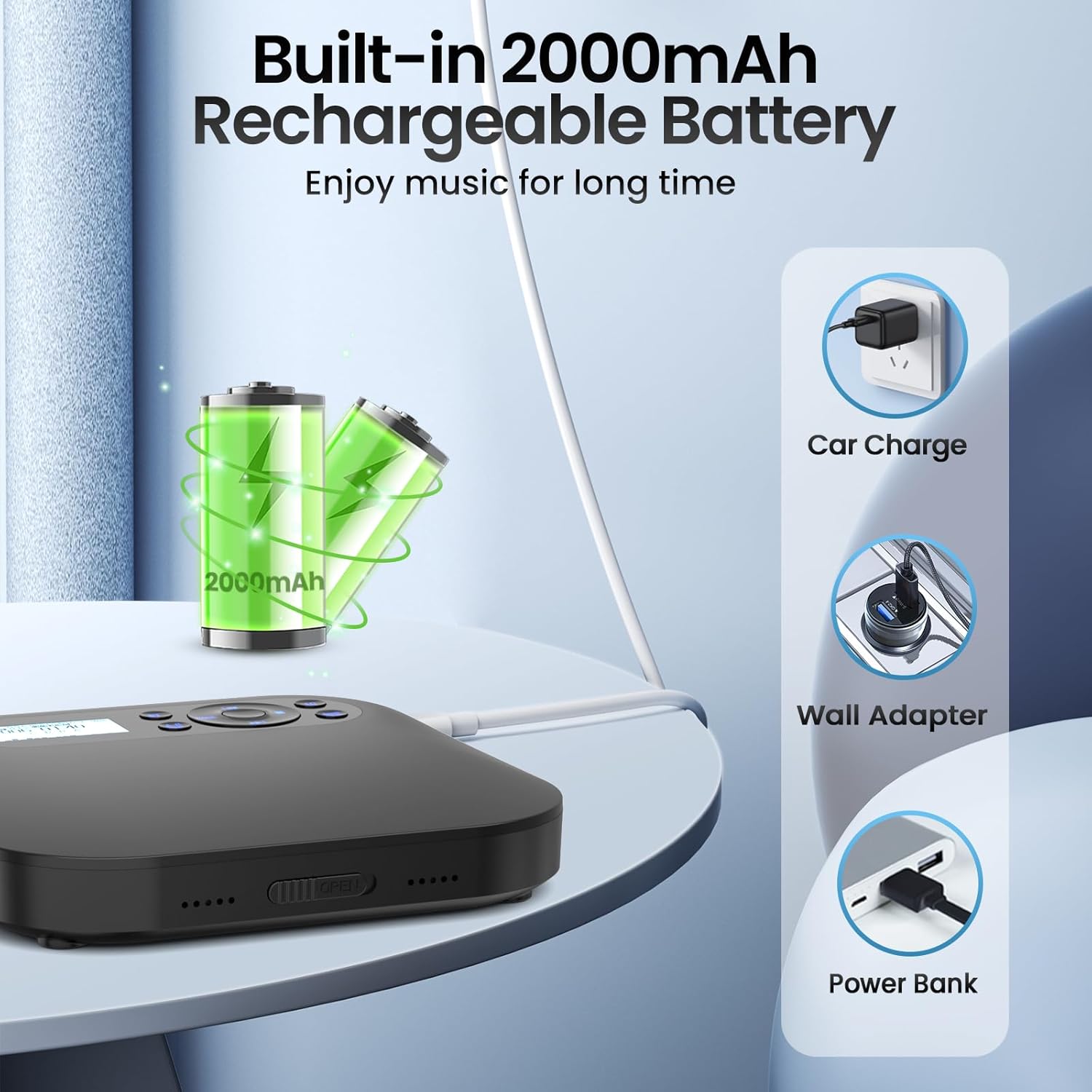 Arafuna CD Player Portable, Bluetooth CD Player with Speakers, 2000mAh Rechargeable CD Player FM Radio, Audio Music Player Support Headphones/USB/AUX