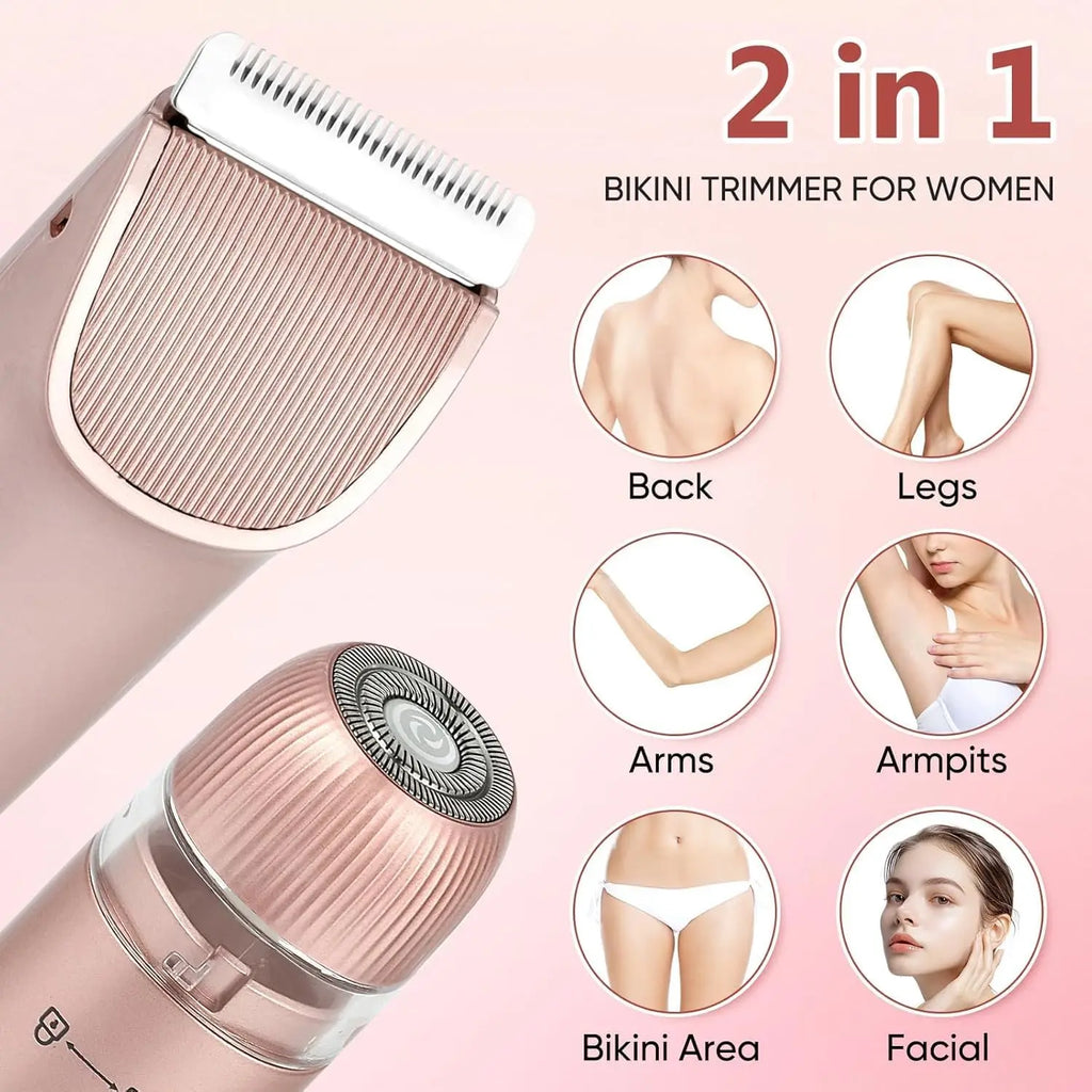 2-in-1 rose gold bikini trimmer with flat and foil heads for legs, arms, and facial grooming