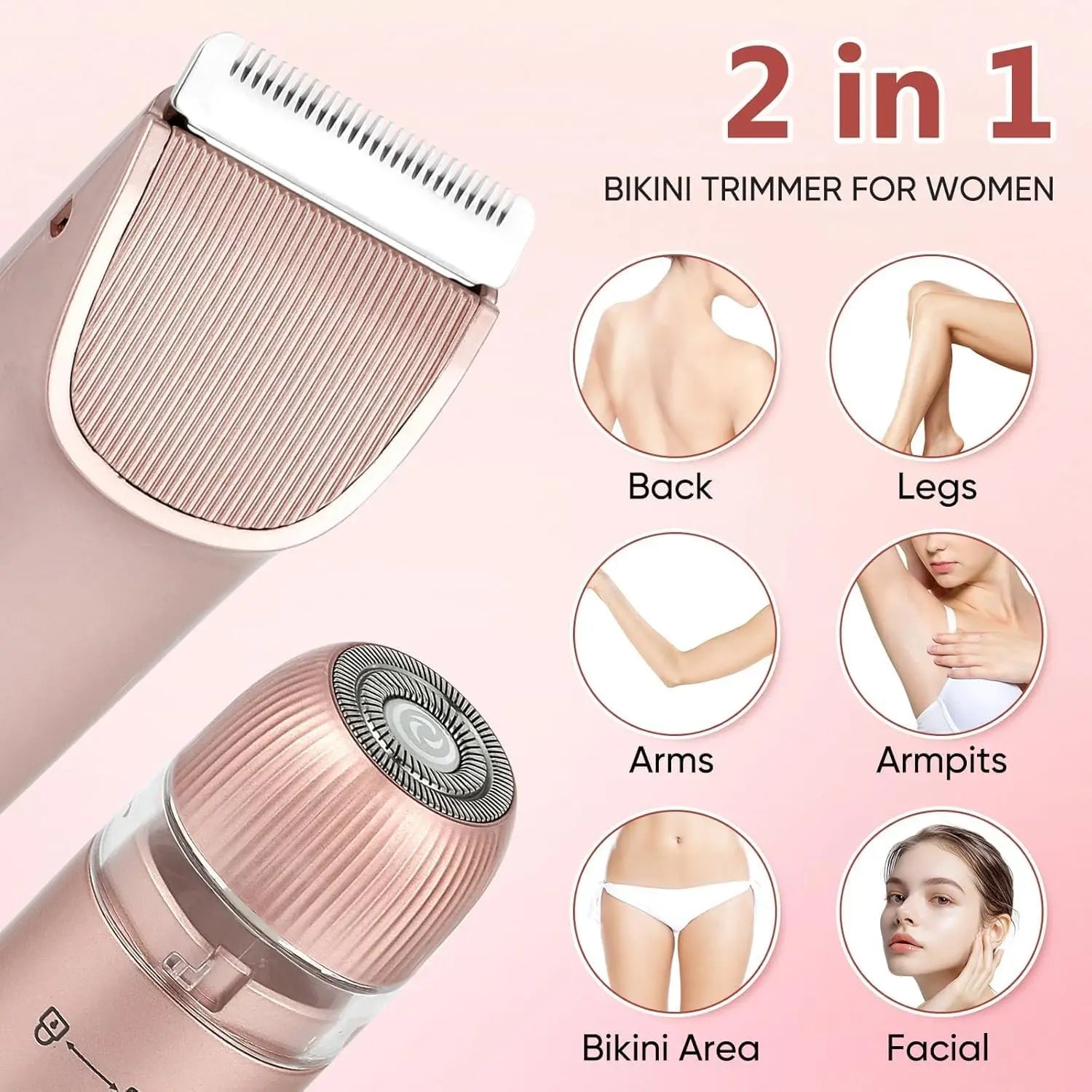 2-in-1 rose gold bikini trimmer with flat and foil heads for legs, arms, and facial grooming