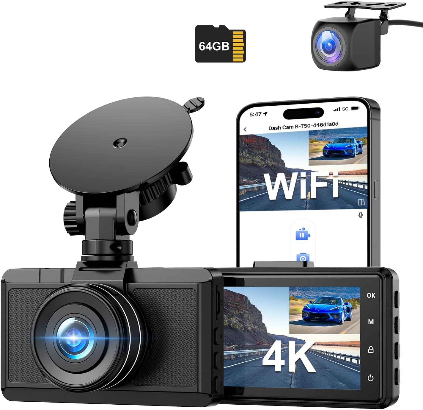 Dash Cam Front and Rear Camera, CHORTAU 3Inch Screen WiFi Dash cam, 2.5K+1080P Dash Camera for Cars, Dashboard Camera with Free 64GB Card, Type-C Port, Parking Monitor, Super Night Vision