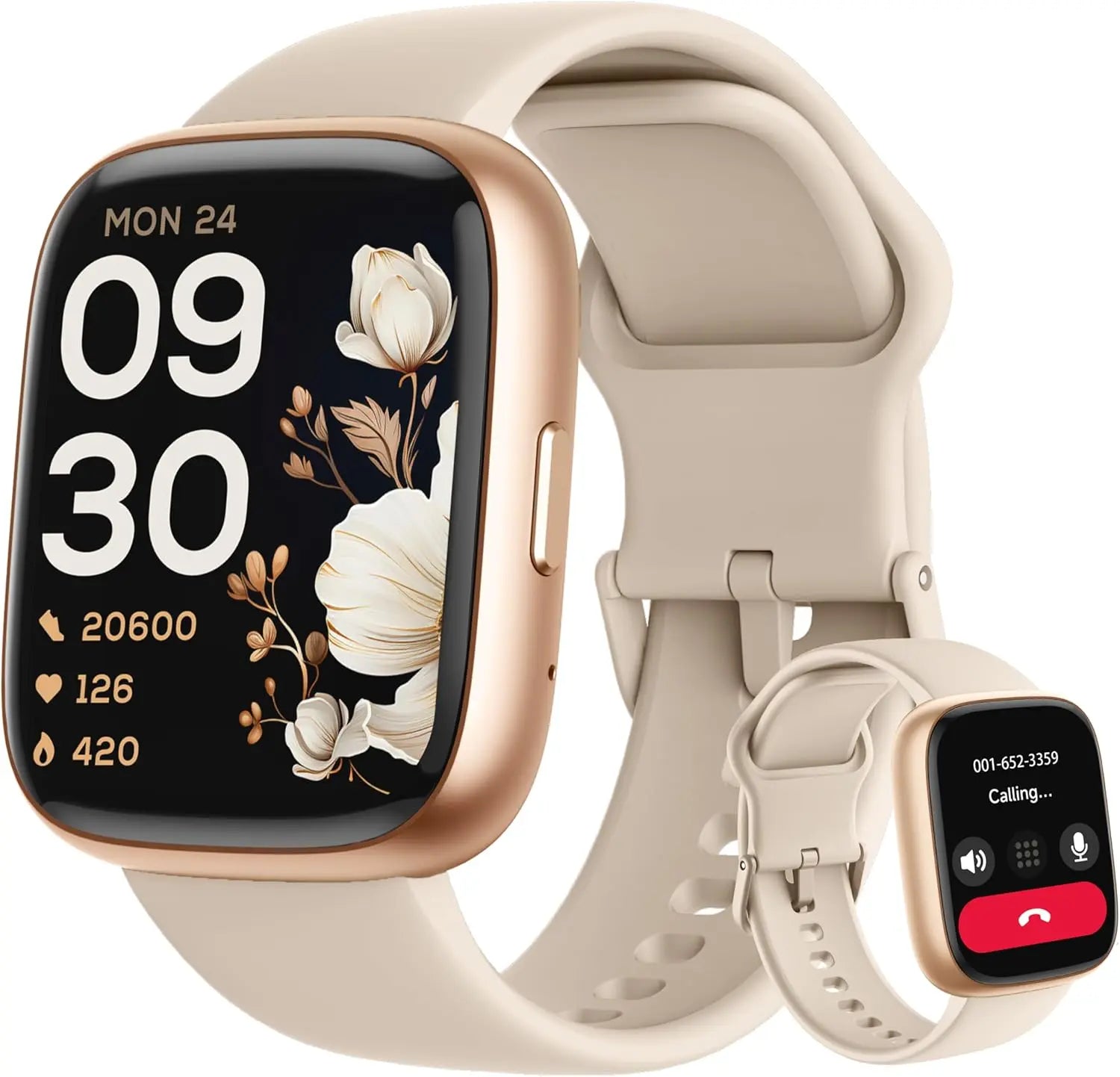 Smartwatch showing call interface and fitness metrics on floral watch face